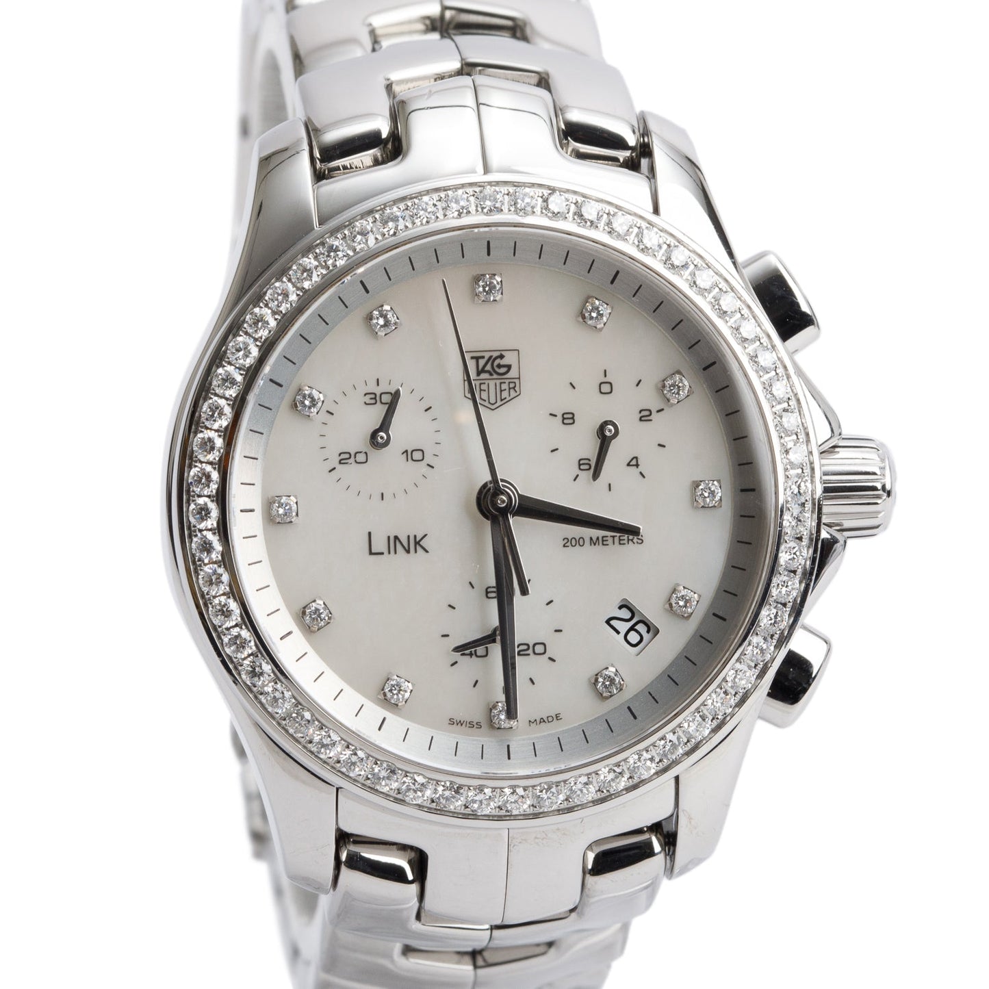 Tag Heuer Stainless Steel Link Diamond Bezel 33 MM Chronograph Quartz Watch Mother of Pearl Diamond Dial CJF1314 w/ Box & Papers