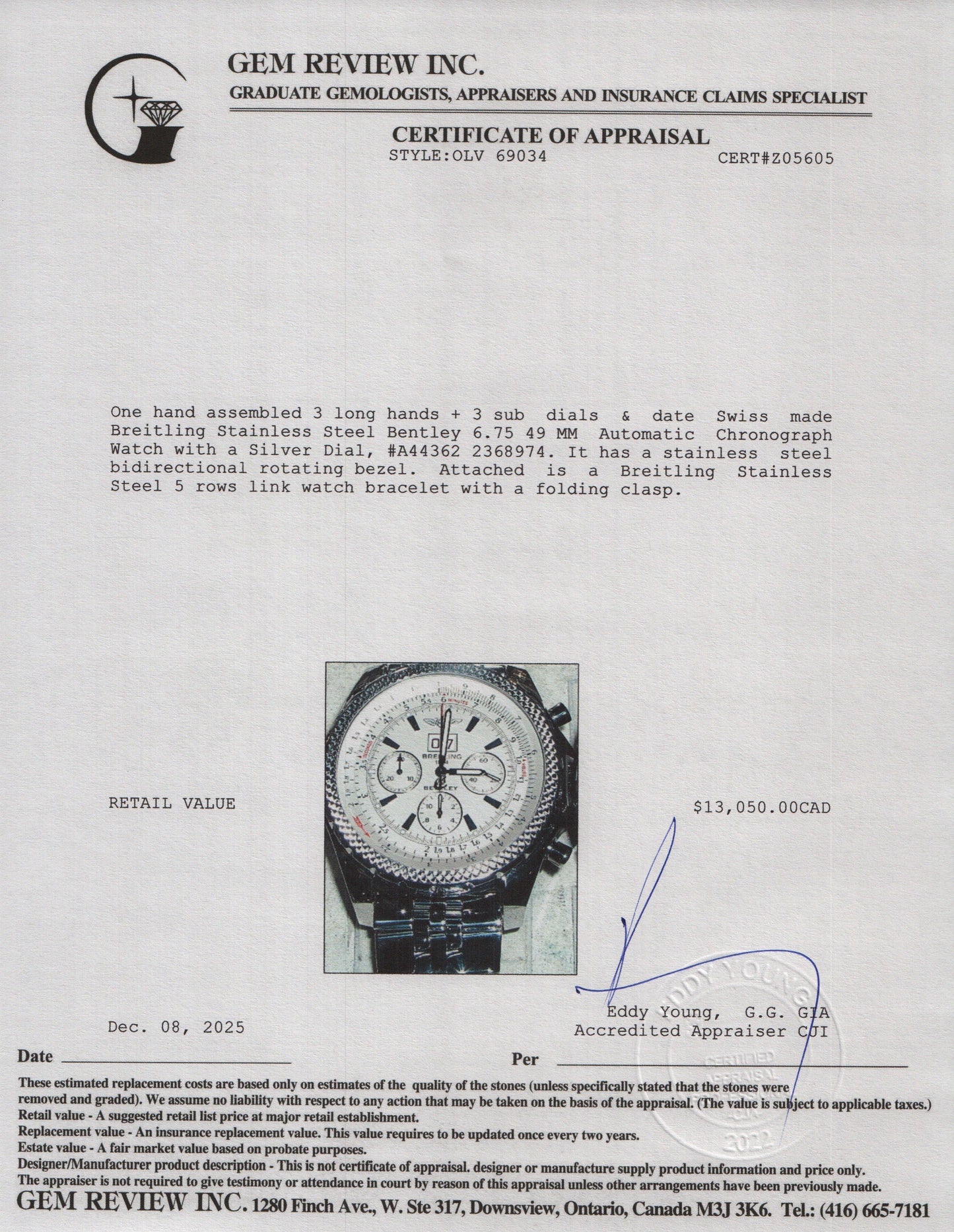 Breitling Stainless Steel Bentley 6.75 49 MM Automatic Chronograph Watch Silver Dial A44362 w/ Box & Papers