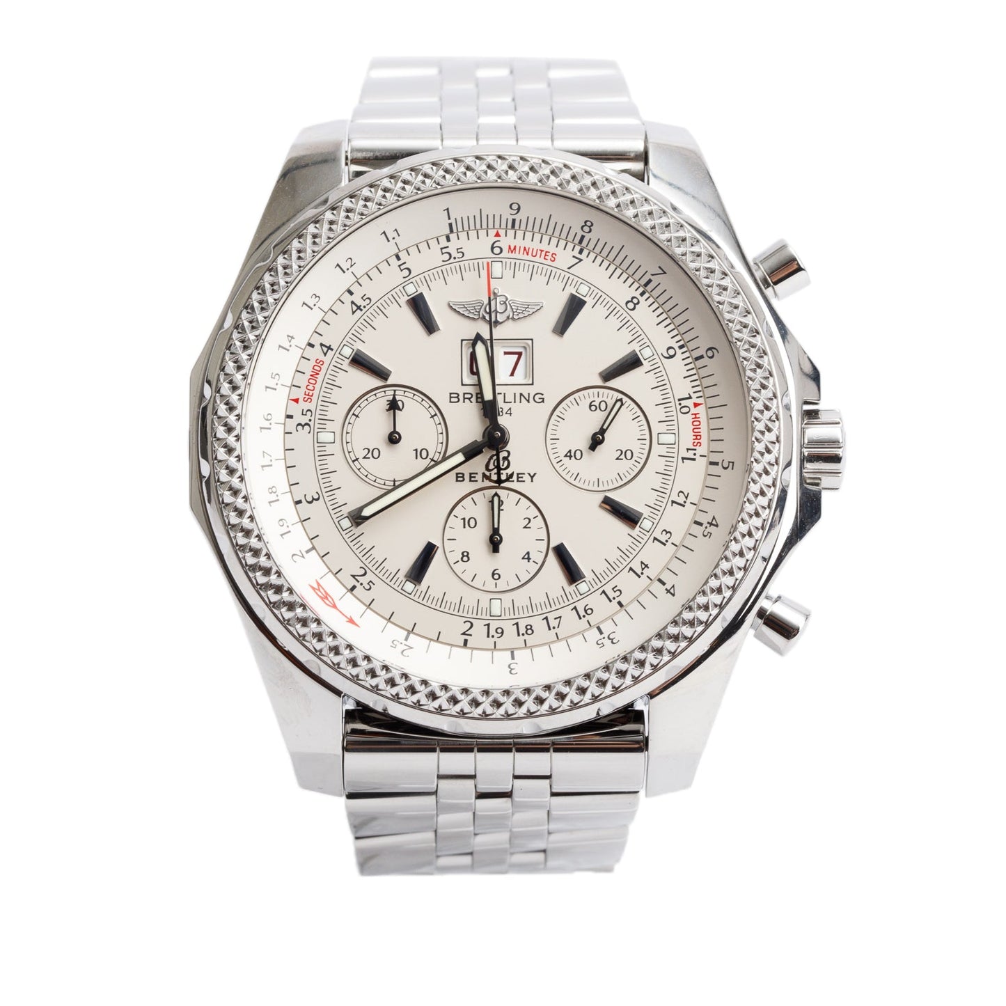 Breitling Stainless Steel Bentley 6.75 49 MM Automatic Chronograph Watch Silver Dial A44362 w/ Box & Papers