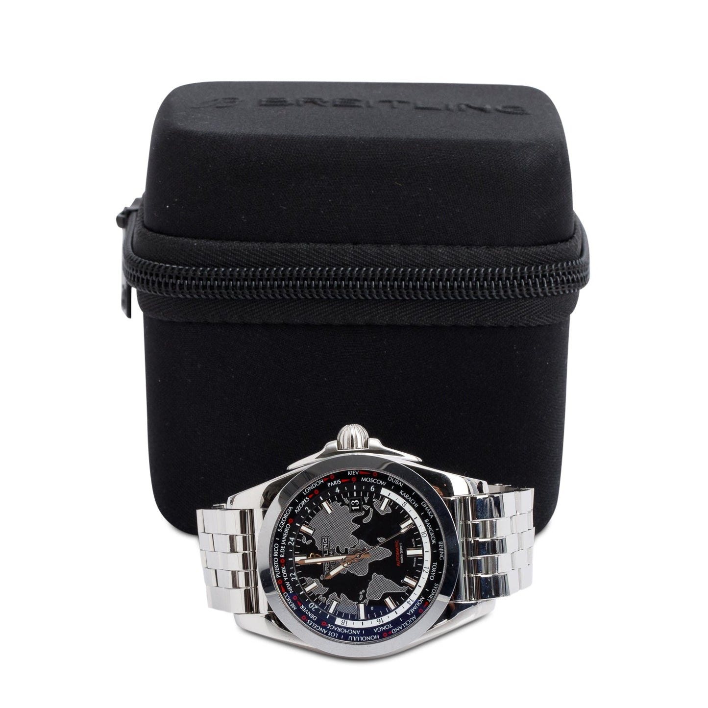 Breitling Stainless Steel Galactic Unitime 44 MM Automatic Watch Black Dial WB3510 w/ Case & Receipt