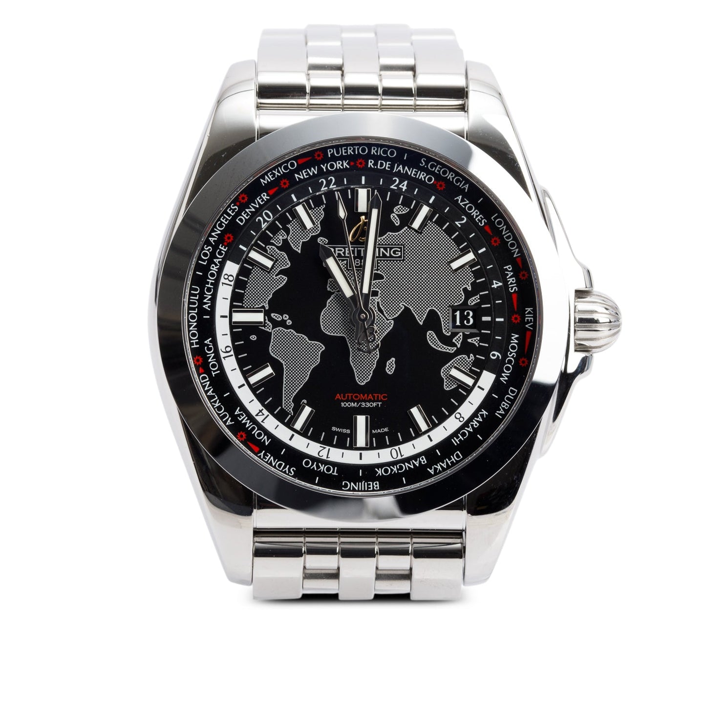 Breitling Stainless Steel Galactic Unitime 44 MM Automatic Watch Black Dial WB3510 w/ Case & Receipt