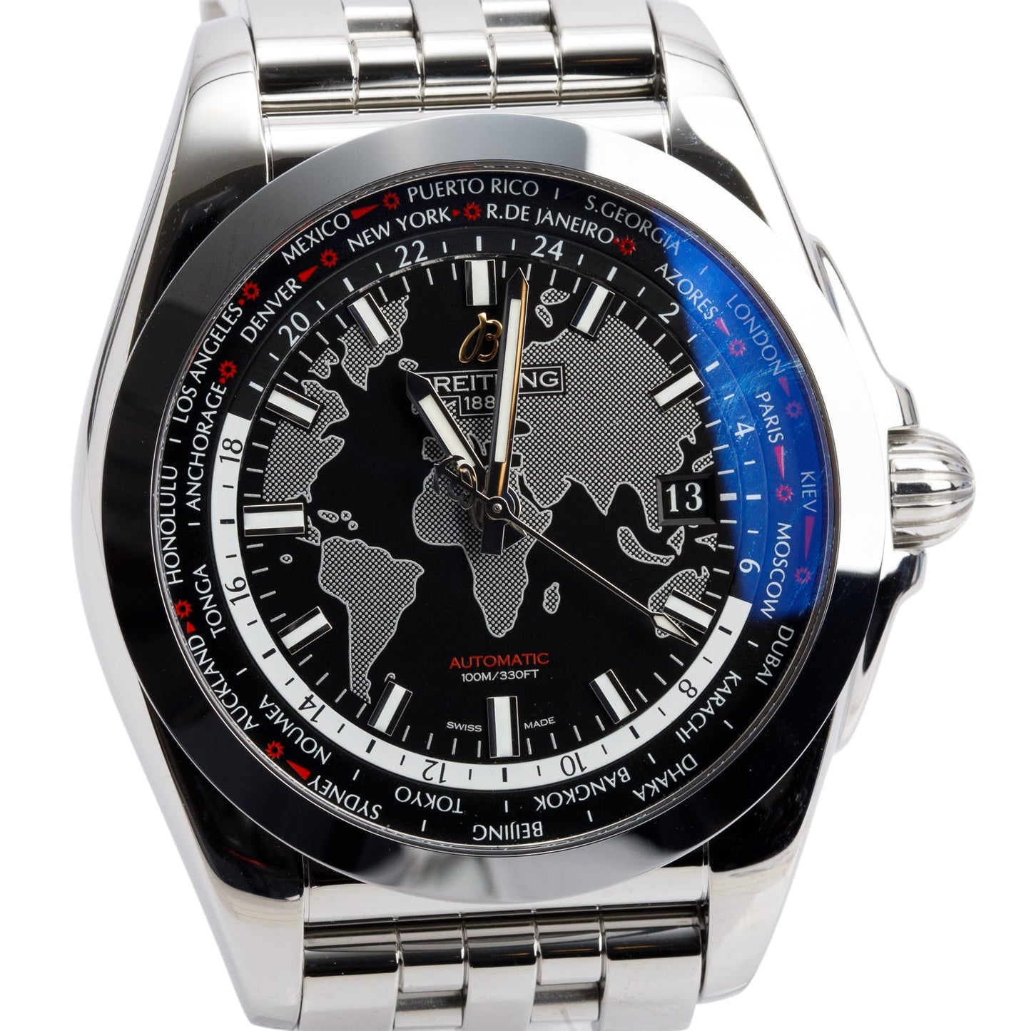 Breitling Stainless Steel Galactic Unitime 44 MM Automatic Watch Black Dial WB3510 w/ Case & Receipt