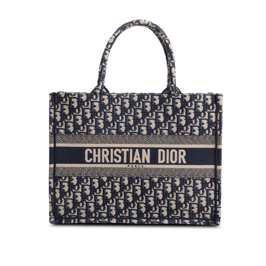 Christian Dior 2021 Ecru and Blue Oblique Embroidery Medium Book Tote