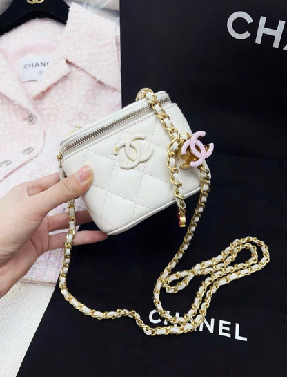 Chanel 24A Pink Enamel Double C White Leather Gold Chain Vanity Case Bag