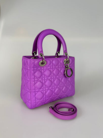 Dior Lady Dior Bag Medium Purple Lambskin Leather With Silver Hardware