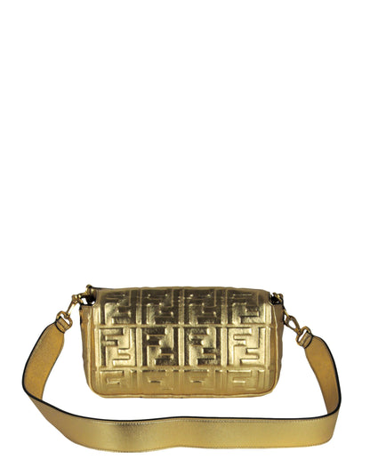 Fendi Gold Leather Embossed Logo Baguette NM Bag w/ Two Straps