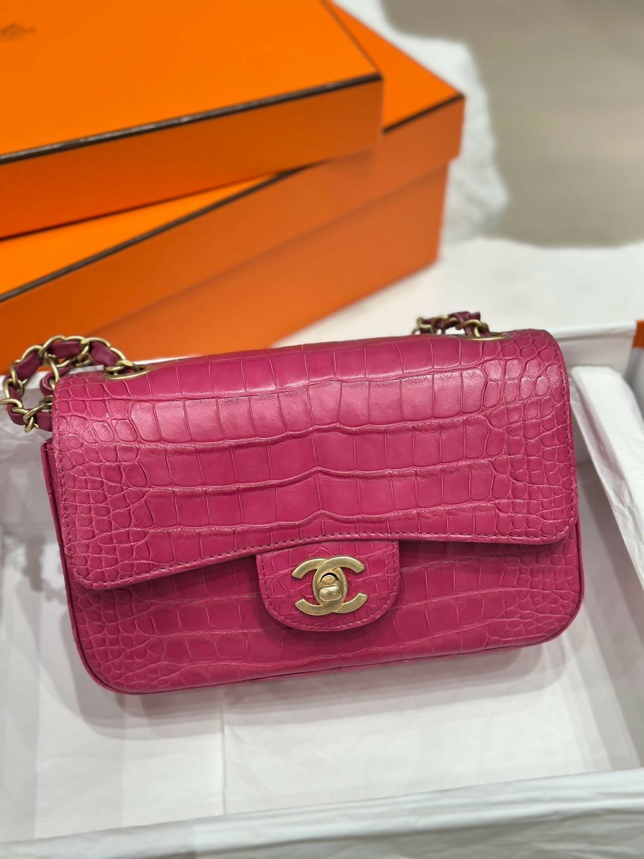Chanel Pink Matte Alligator Big Mini Flap Bag