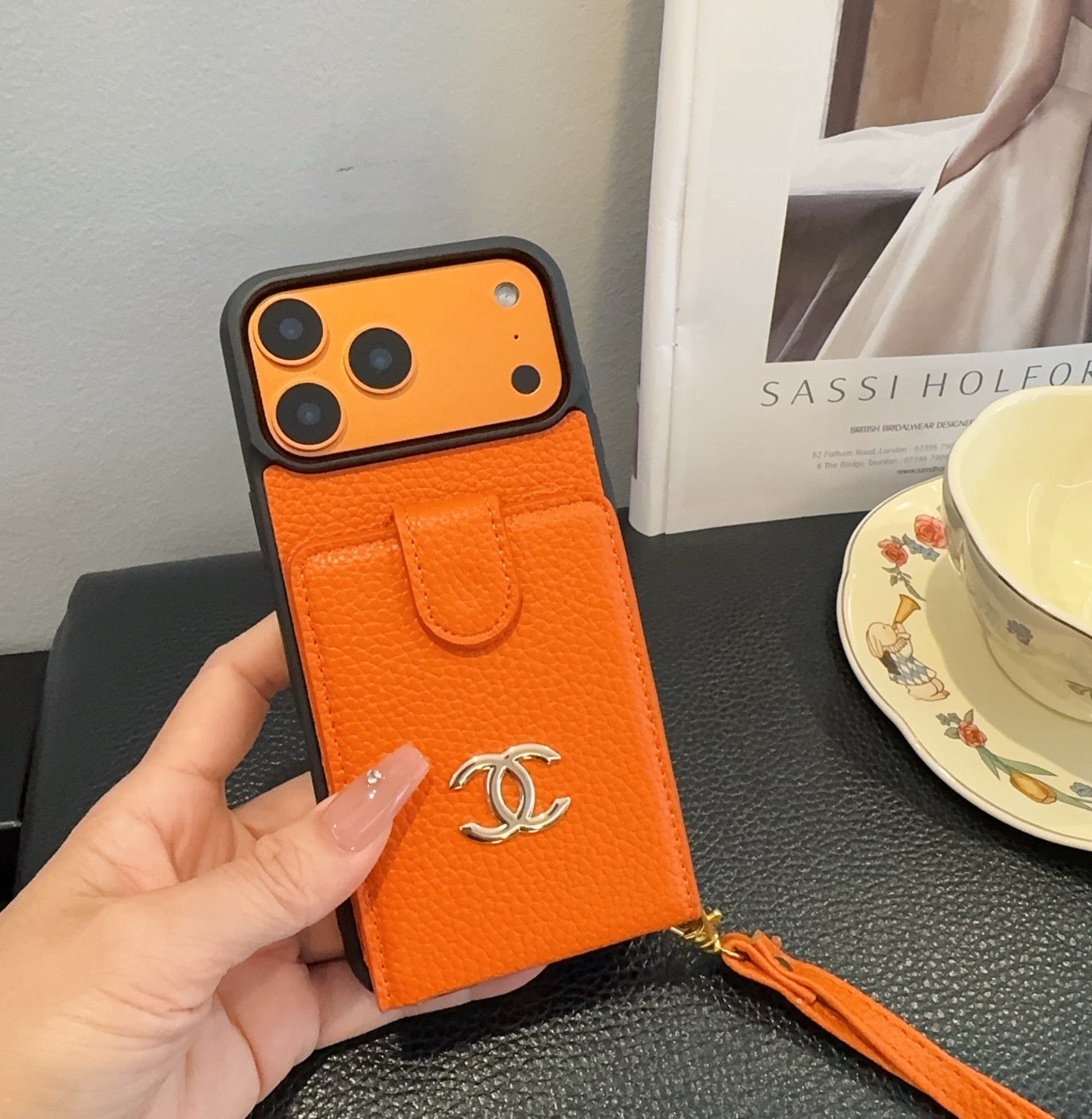 Chanel Style Leather Flip Card Holder Crossbody Phone Case