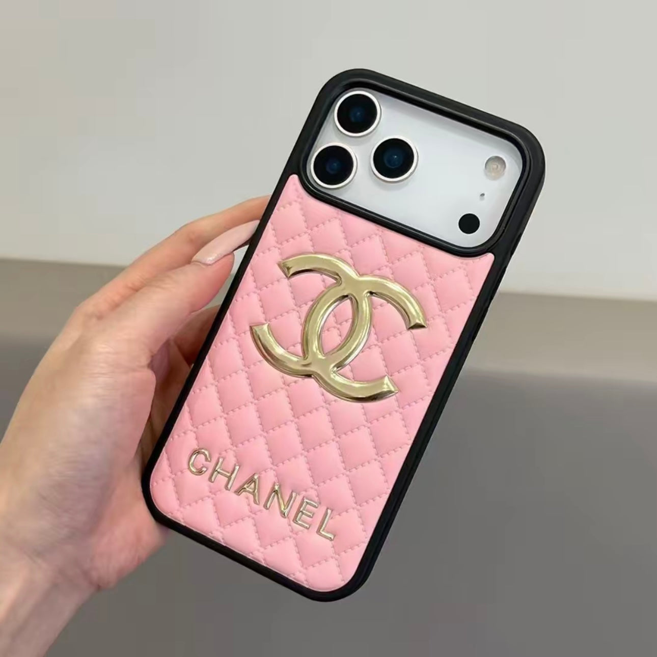Chanel Classic Quilted Leather 3D Gold Logo Luxury Phone Case