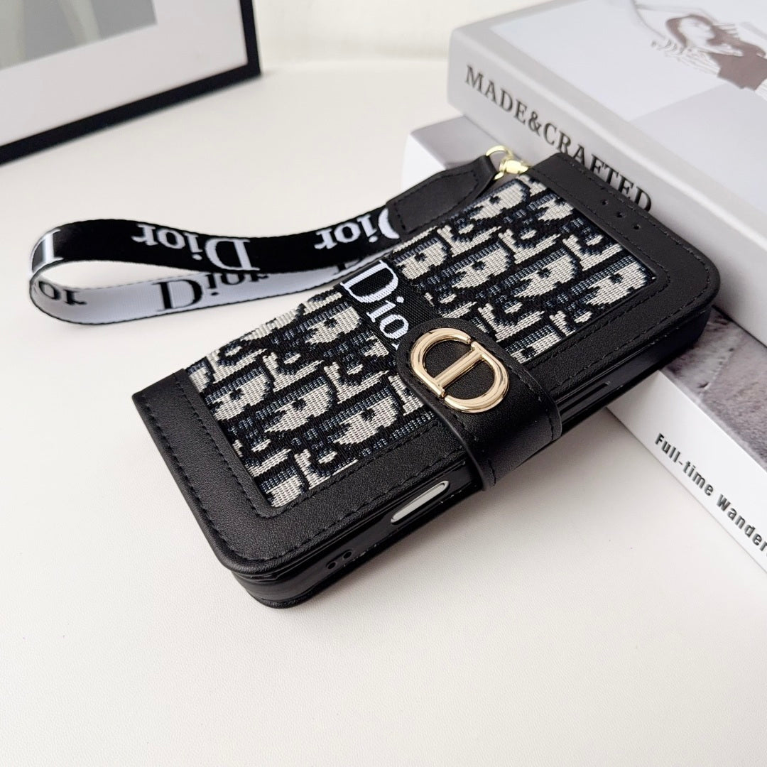 Dior Oblique Monogram Flip Wallet Phone Case With Brand Wrist Strap