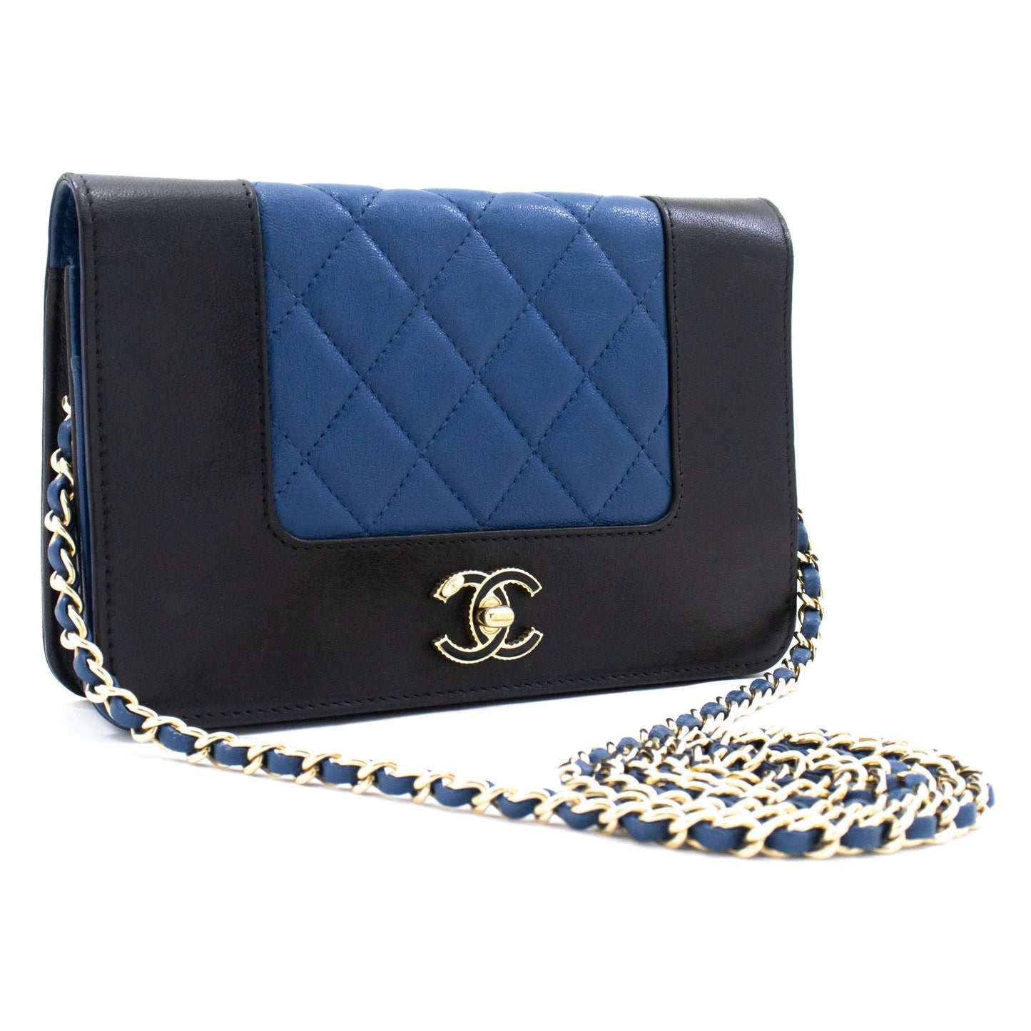 Chanel Black Blue Wallet On Chain WOC Shoulder Bag Crossbody Gold