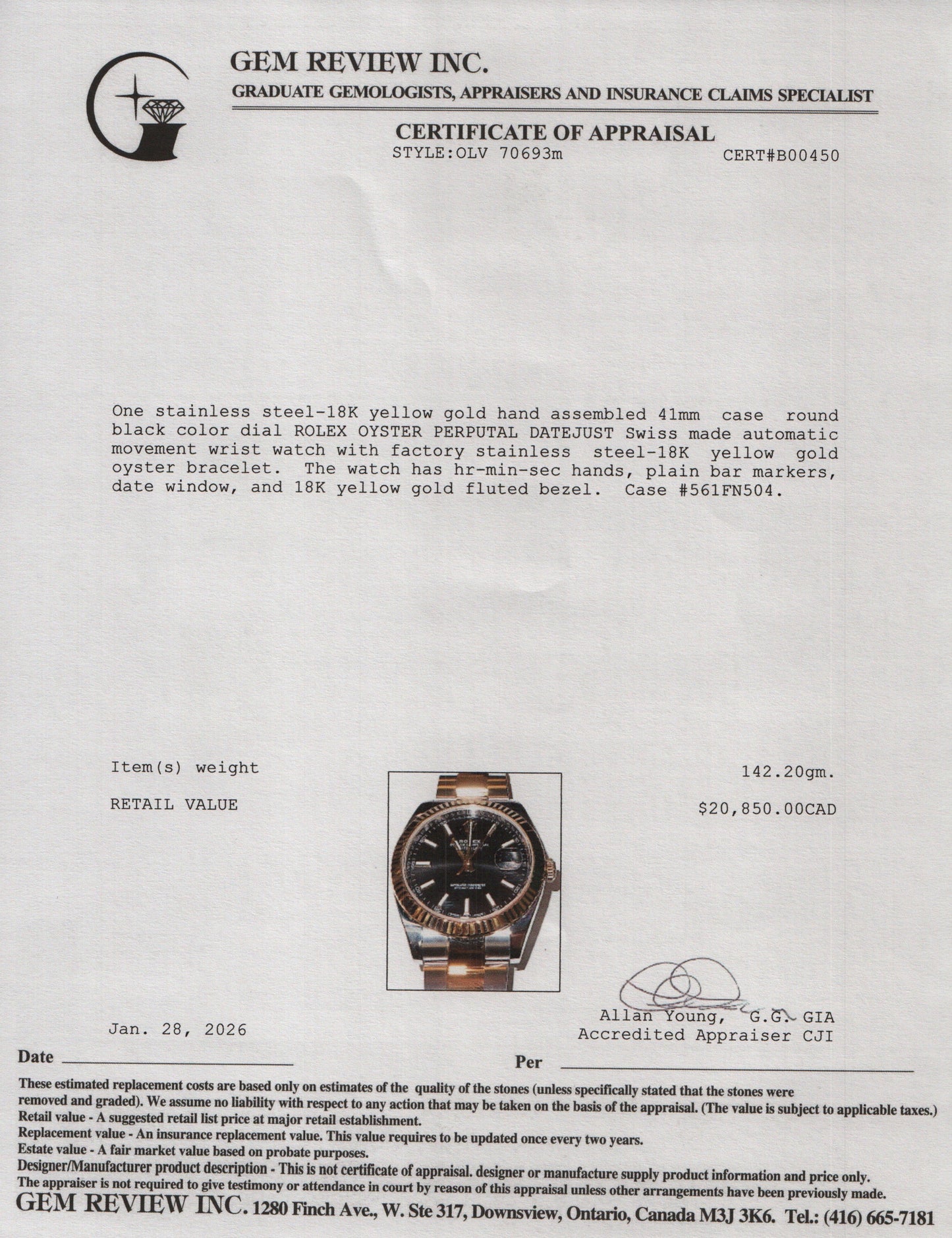 Rolex Stainless Steel & 18k Yellow Gold Datejust 41 MM Automatic Watch Black Dial 126333 w/ Box & Papers