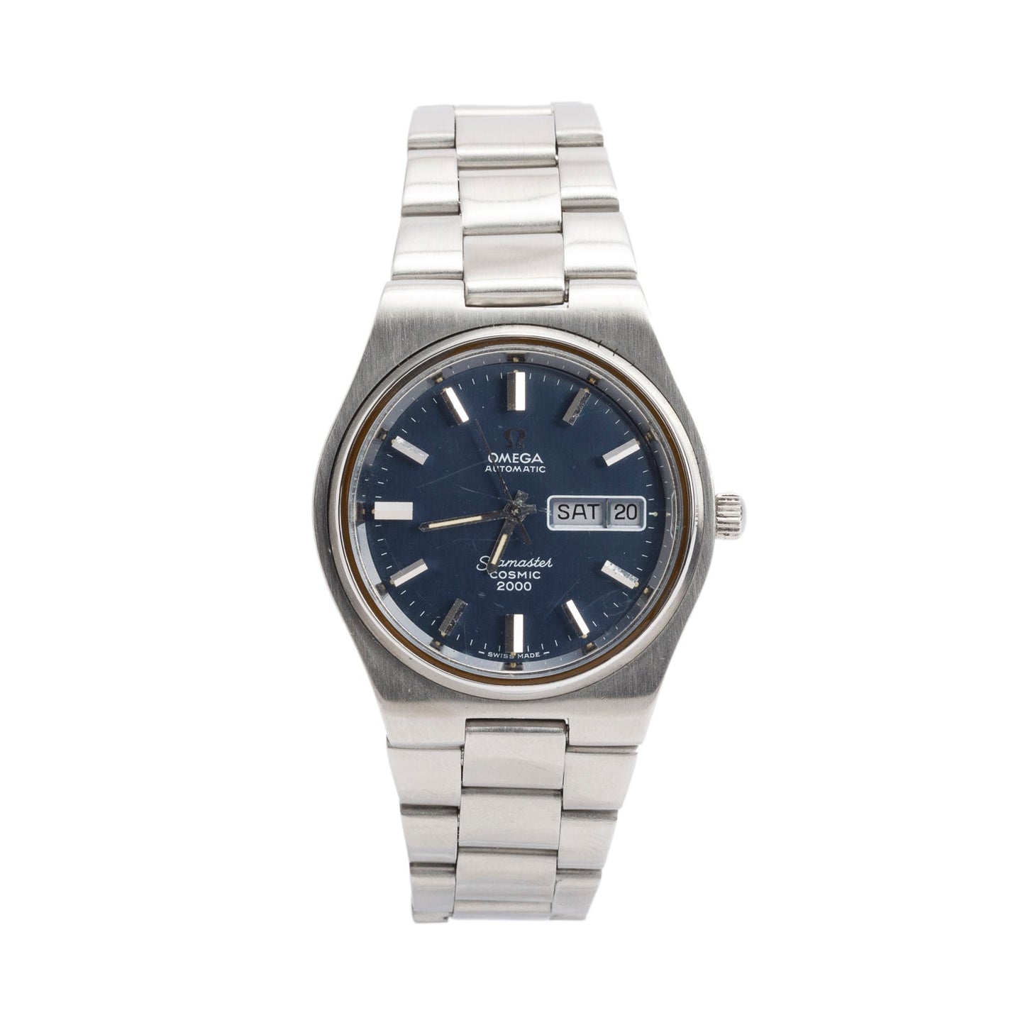 Omega Vintage Stainless Steel Seamaster Cosmic 2000 Day Date 38 MM Automatic Watch Blue Dial