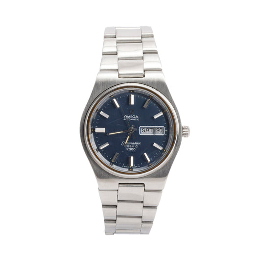 Omega Vintage Stainless Steel Seamaster Cosmic 2000 Day Date 38 MM Automatic Watch Blue Dial
