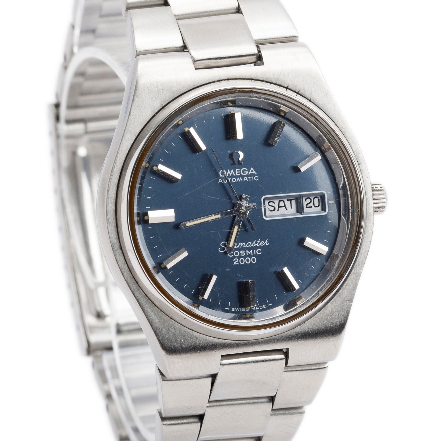 Omega Vintage Stainless Steel Seamaster Cosmic 2000 Day Date 38 MM Automatic Watch Blue Dial