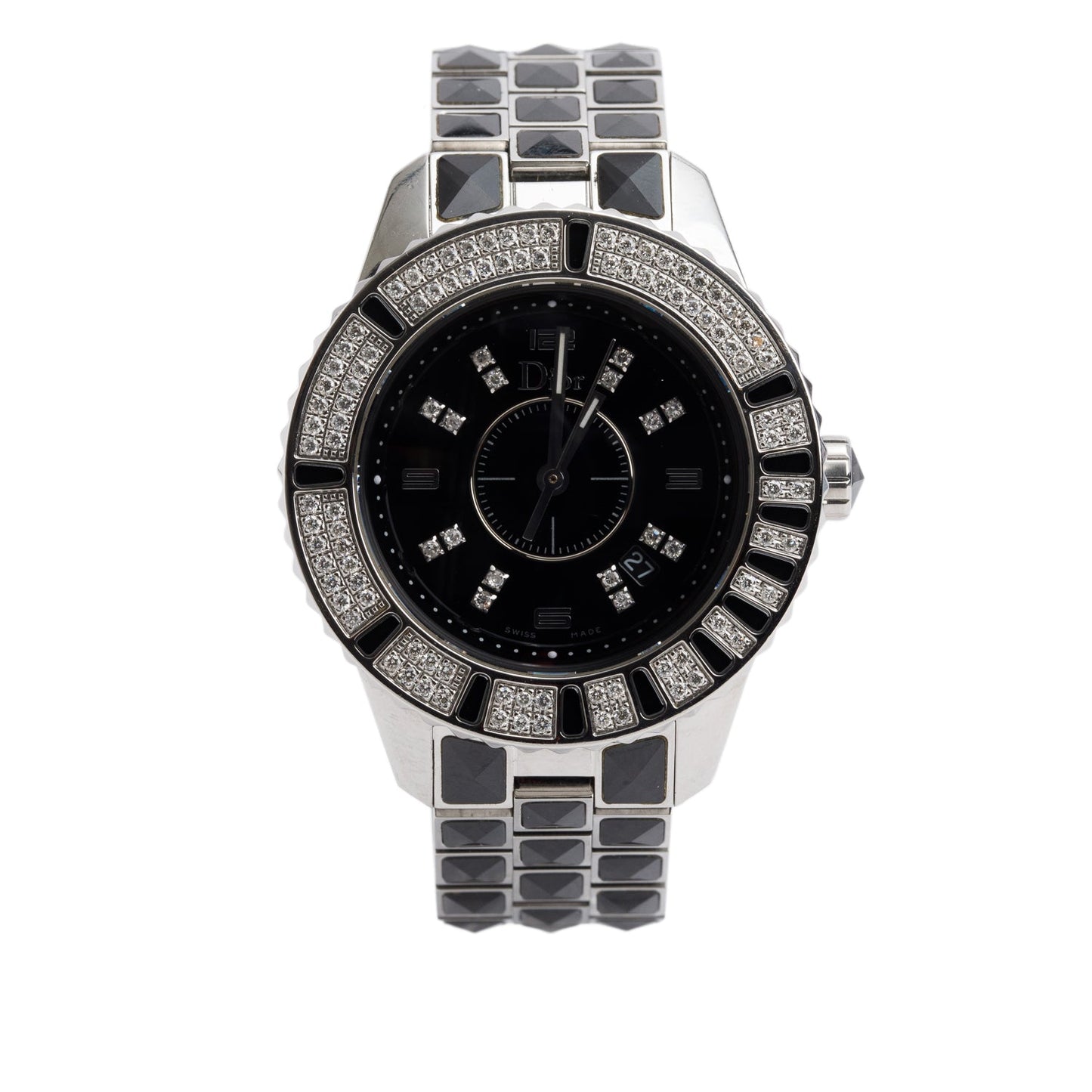 Christian Dior Stainless Steel Christal Diamond Bezel 33 MM Quartz Watch Black Diamond Dial CD114311