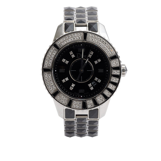 Christian Dior Stainless Steel Christal Diamond Bezel 33 MM Quartz Watch Black Diamond Dial CD114311