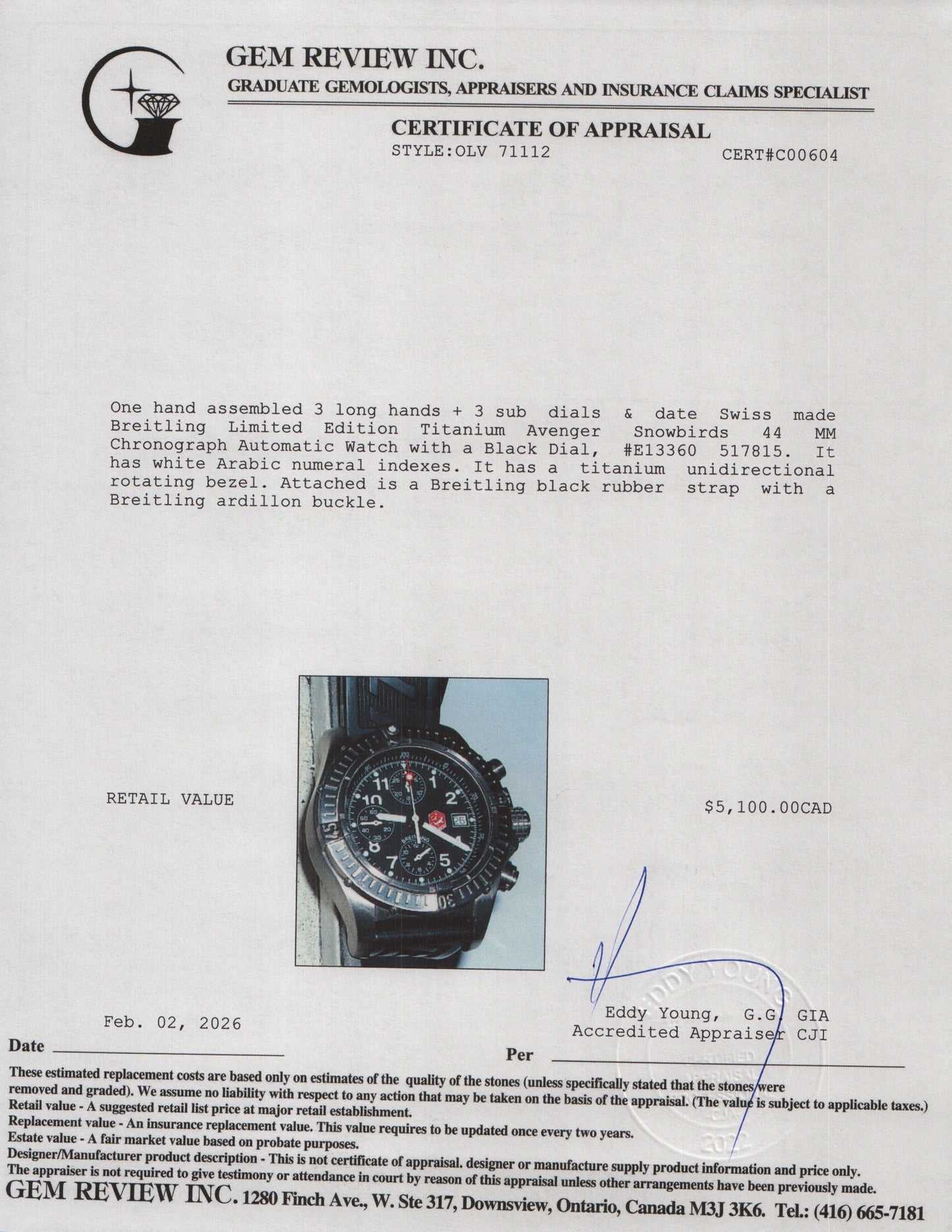 Breitling Limited Edition Titanium Avenger Snowbirds 44 MM Chronograph Automatic Watch Black Dial E13360