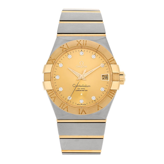 Stainless Steel 18K Yellow Gold Diamond 38mm Constellation Co-Axial Chronometer Automatic Watch Champagne 123.20.38.21.58.001