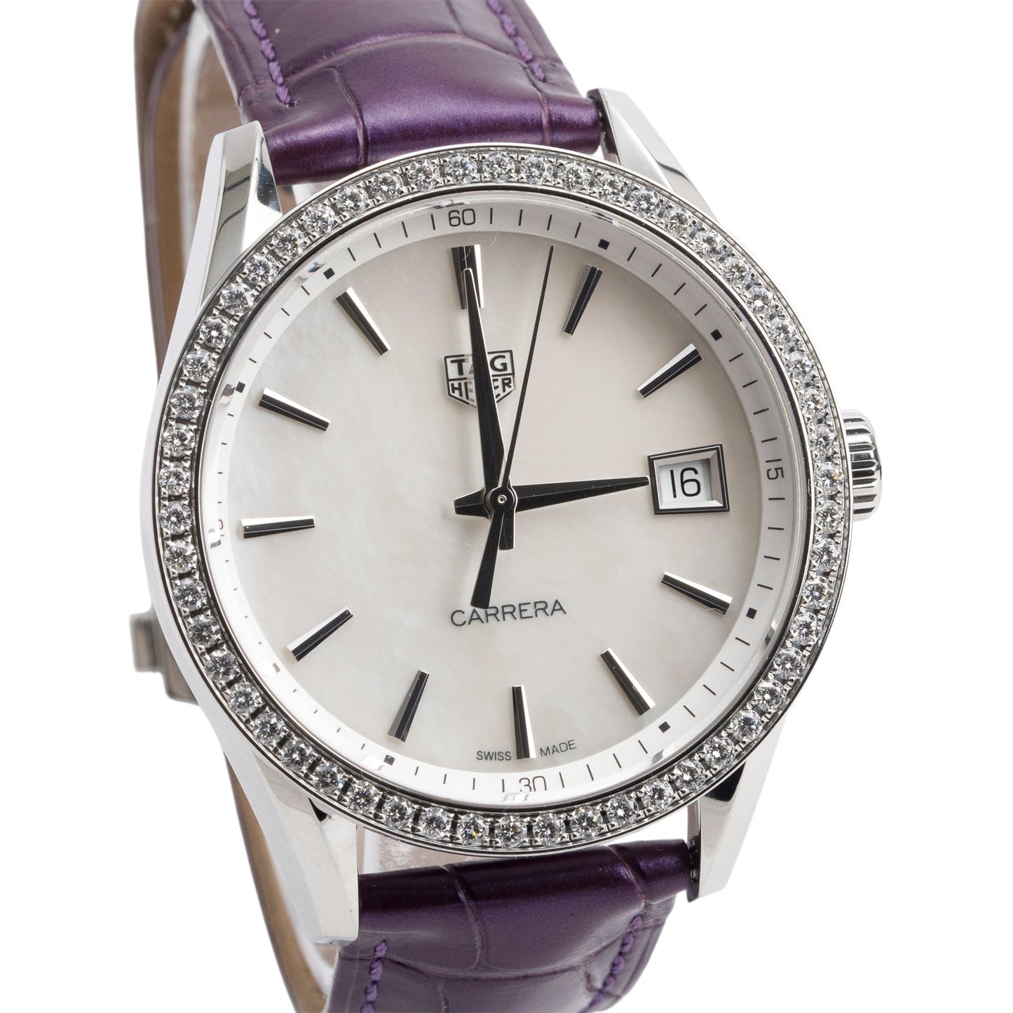 Tag Heuer Stainless Steel Diamond Bezel Carrera 36 MM Quartz Watch Mother of Pearl Dial WBK1316