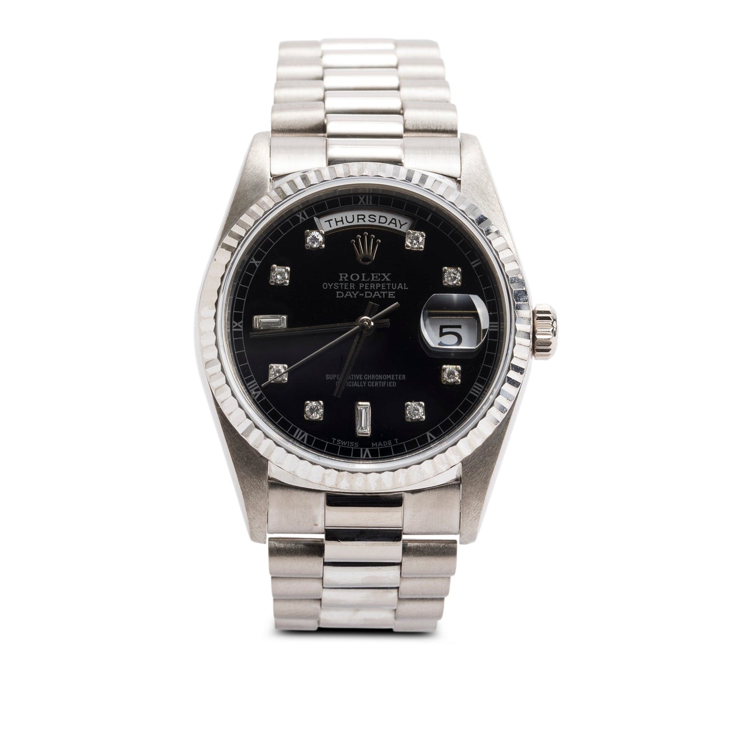 Rolex 18k White Gold Day Date 36 MM President Watch Black Diamond Dial 18239