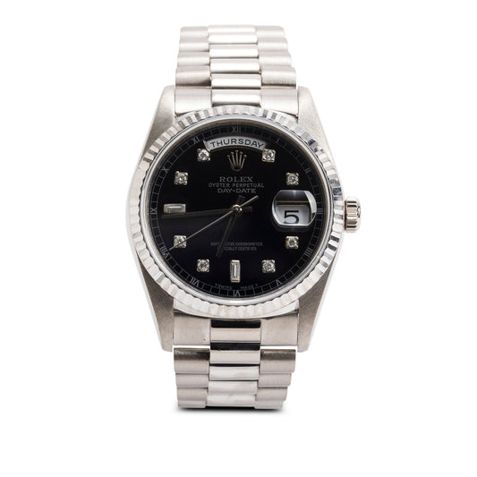 Rolex 18k White Gold Day Date 36 MM President Watch Black Diamond Dial 18239