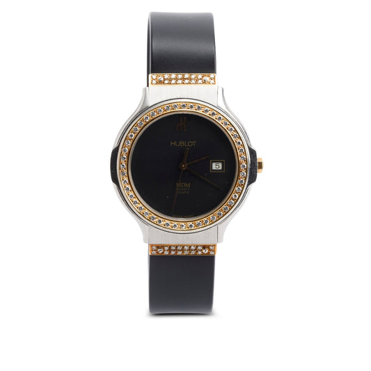 Hublot Stainless Steel & 18k Gold Diamond Bezel Classic MDM 32 MM Quartz Watch Black Dial