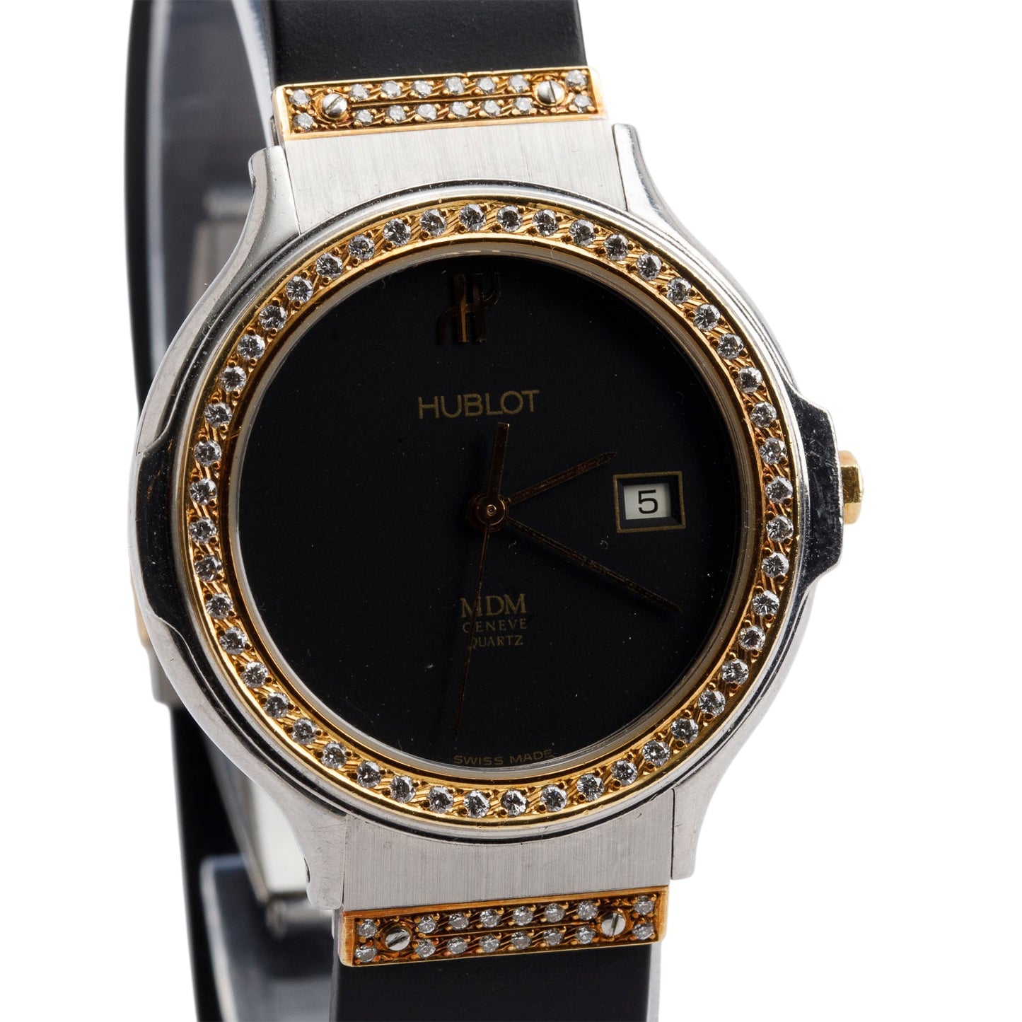 Hublot Stainless Steel & 18k Gold Diamond Bezel Classic MDM 32 MM Quartz Watch Black Dial
