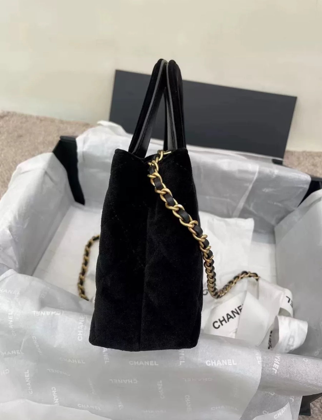 Chanel Kelly Black Velvet Brushed Gold Hardware Large Size