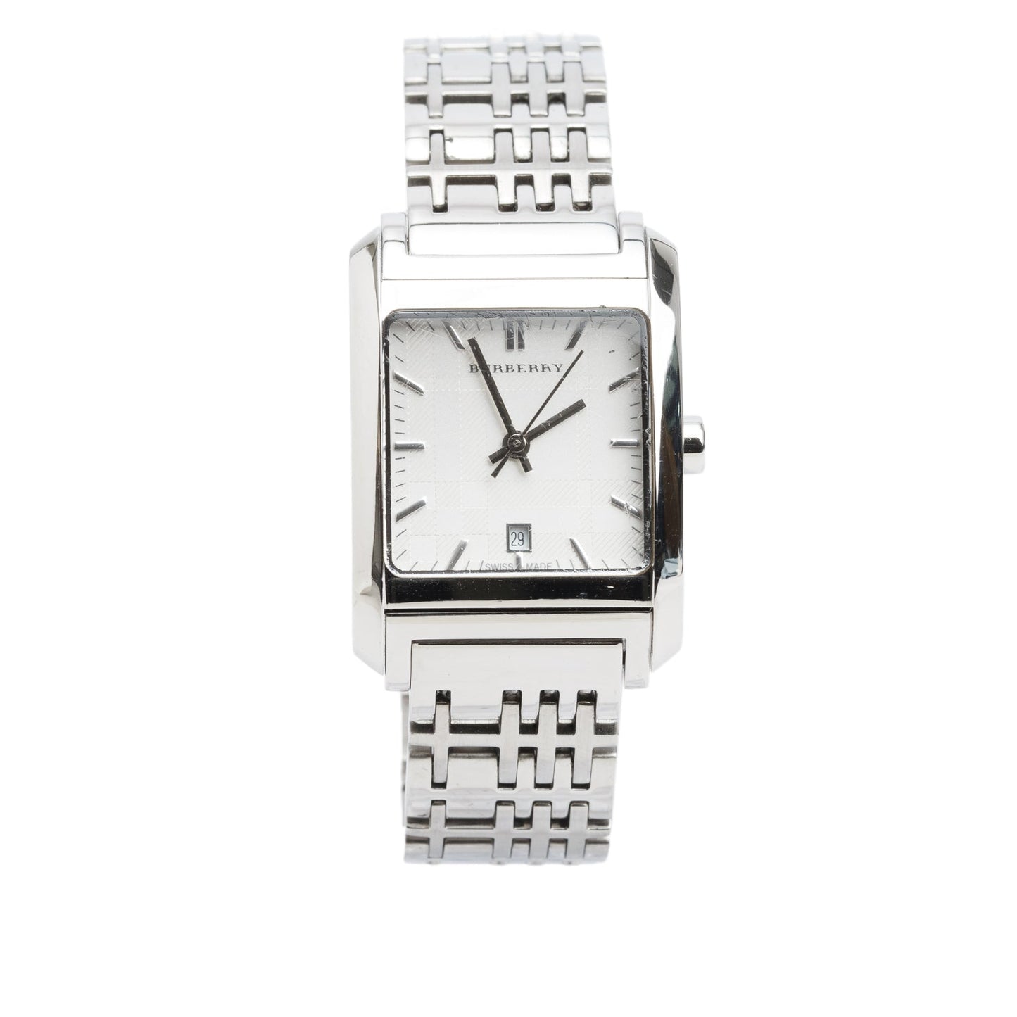 Burberry Stainless Steel Nova Check Square Quartz Watch Silver Check Dial BU1572