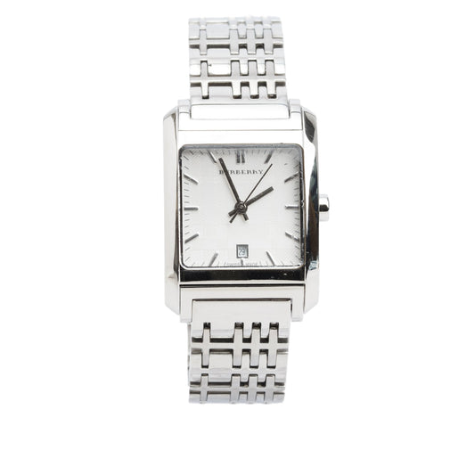 Burberry Stainless Steel Nova Check Square Quartz Watch Silver Check Dial BU1572