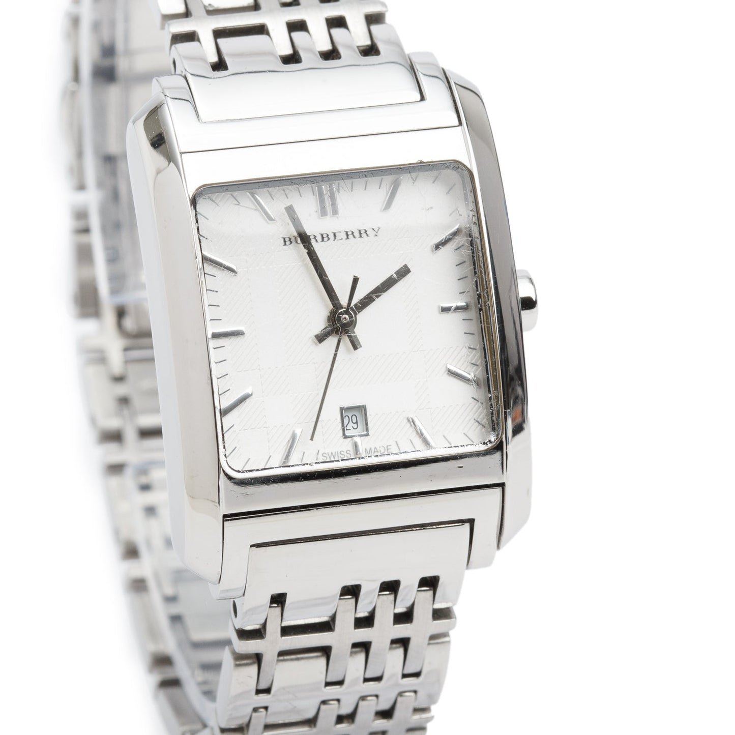 Burberry Stainless Steel Nova Check Square Quartz Watch Silver Check Dial BU1572