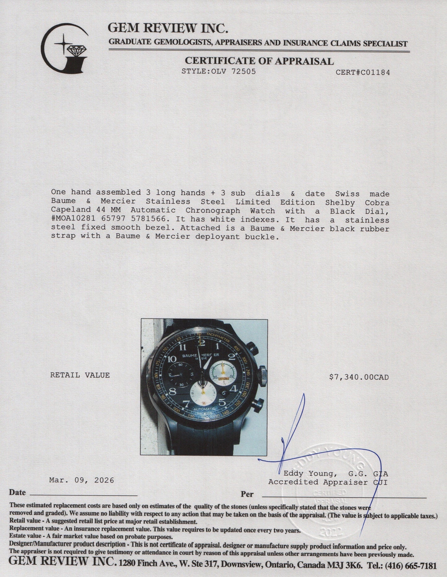 Baume & Mercier Stainless Steel Limited Edition Shelby Cobra Capeland 44 MM Automatic Chronograph Watch Black Dial MOA10281 w/ Box & Papers