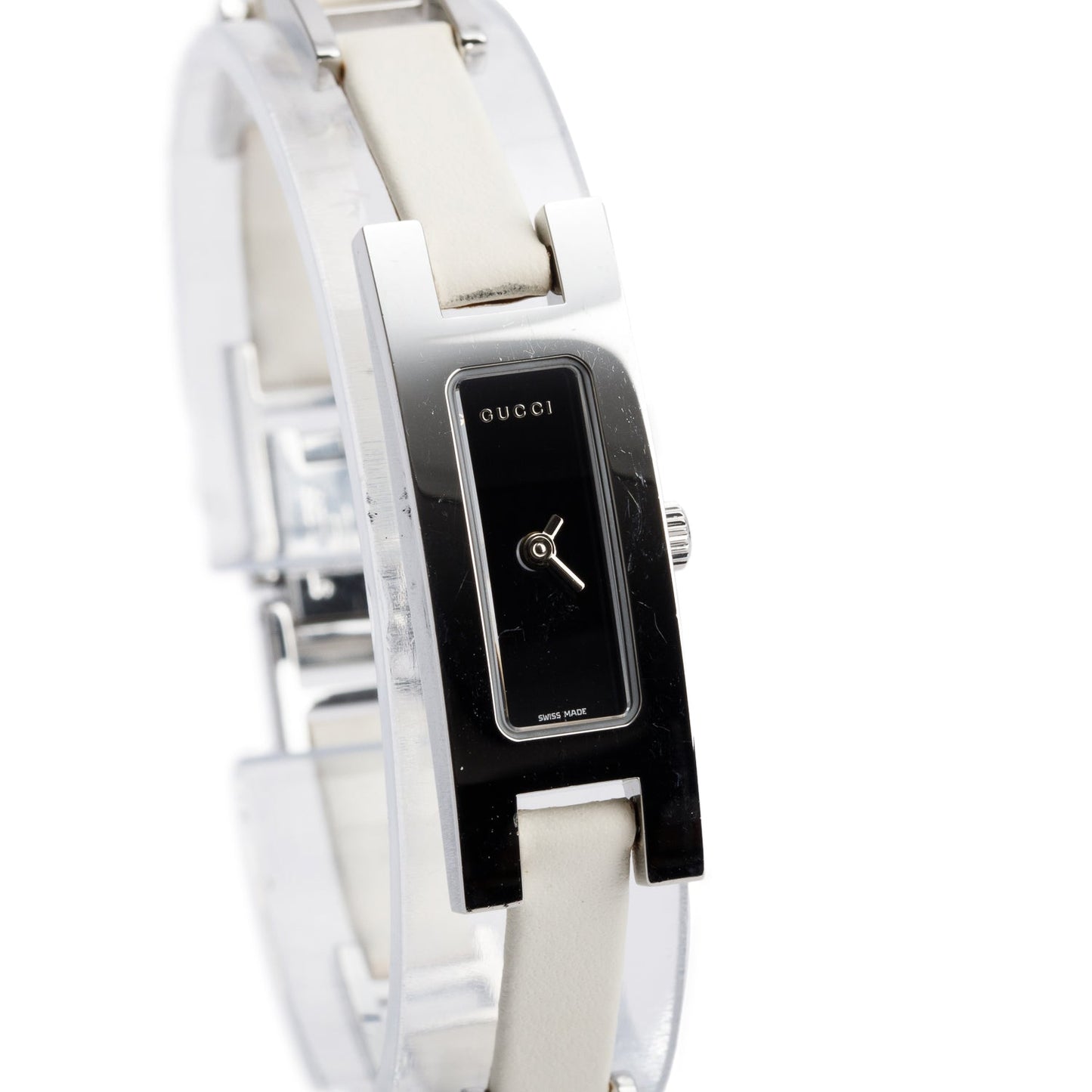 Gucci Stainless Steel White Leather 3900 Series Watch Black Dial