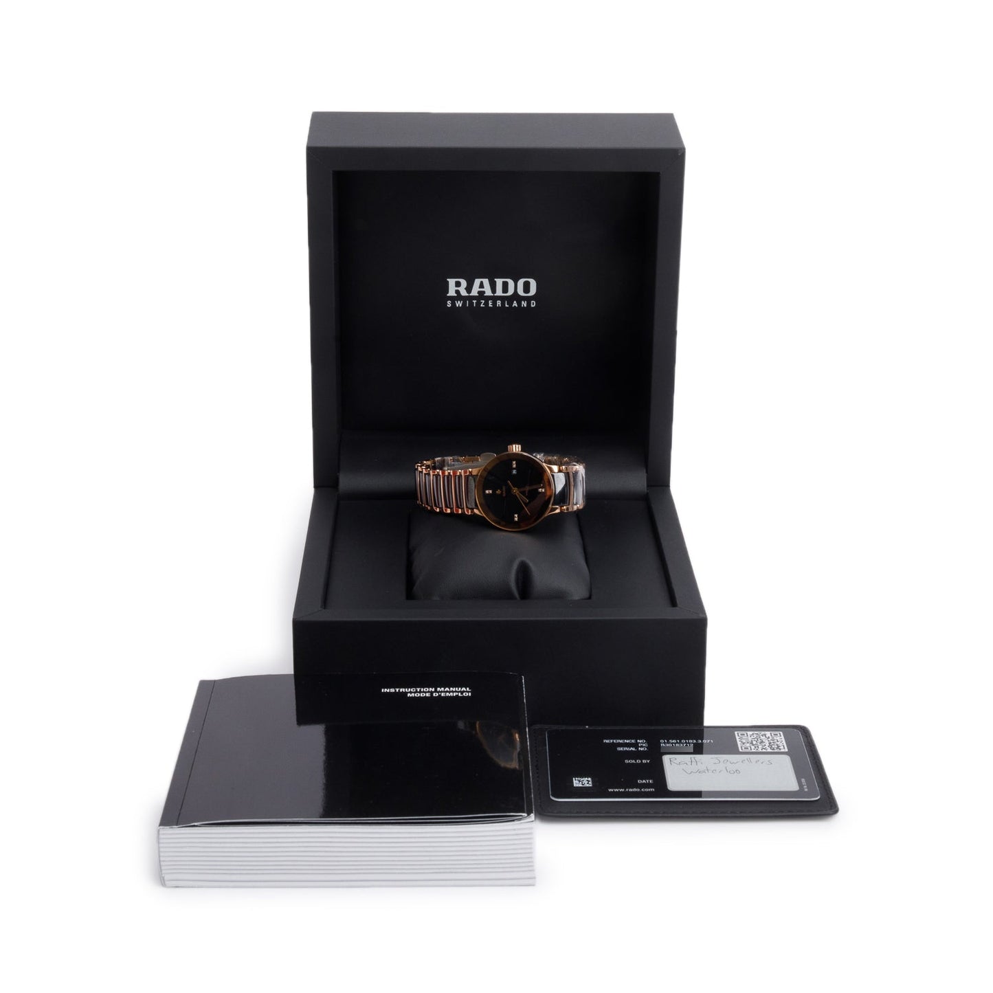 Rado Rose Gold Plated Stainless Steel & Black Ceramic Centrix S 28 MM Automatic Watch, Black Diamond Dial w/ Box & Papers