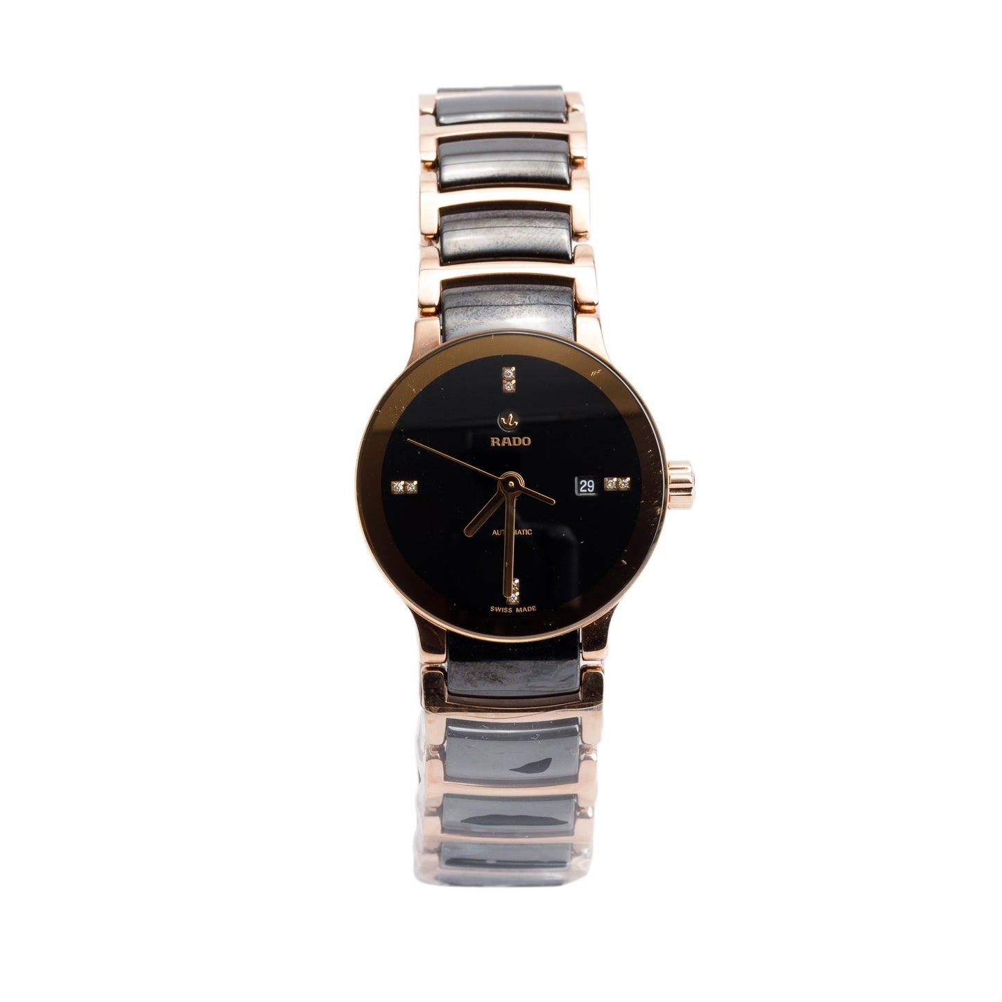 Rado Rose Gold Plated Stainless Steel & Black Ceramic Centrix S 28 MM Automatic Watch, Black Diamond Dial w/ Box & Papers