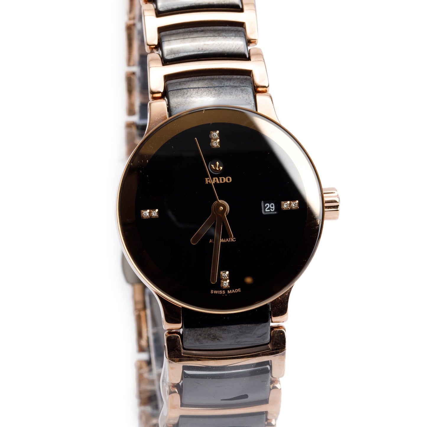 Rado Rose Gold Plated Stainless Steel & Black Ceramic Centrix S 28 MM Automatic Watch, Black Diamond Dial w/ Box & Papers