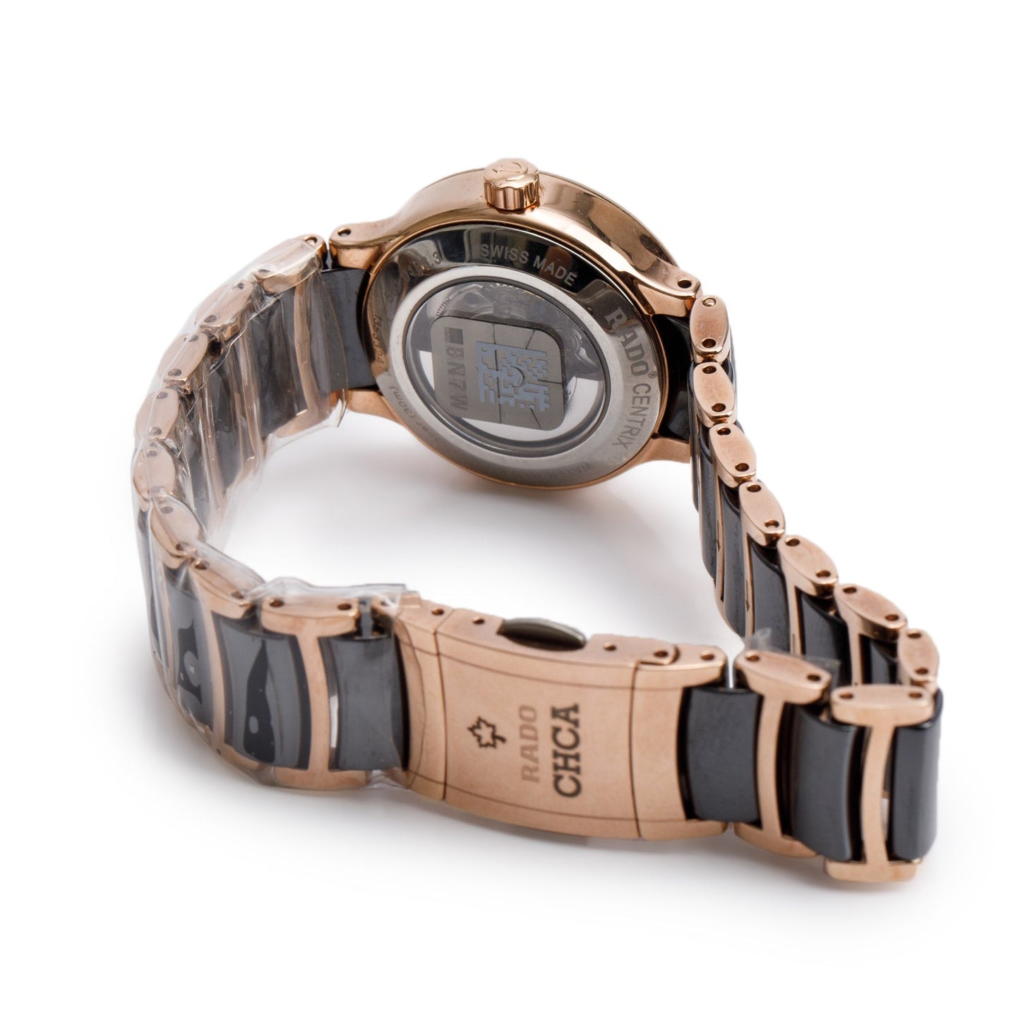 Rado Rose Gold Plated Stainless Steel & Black Ceramic Centrix S 28 MM Automatic Watch, Black Diamond Dial w/ Box & Papers