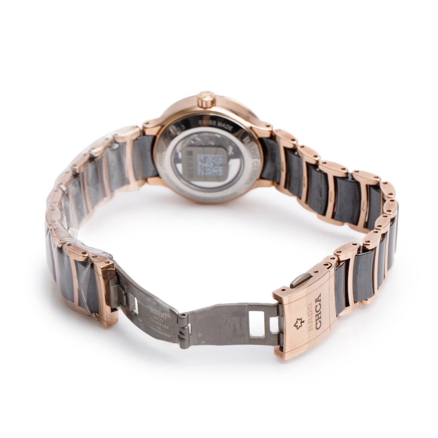 Rado Rose Gold Plated Stainless Steel & Black Ceramic Centrix S 28 MM Automatic Watch, Black Diamond Dial w/ Box & Papers