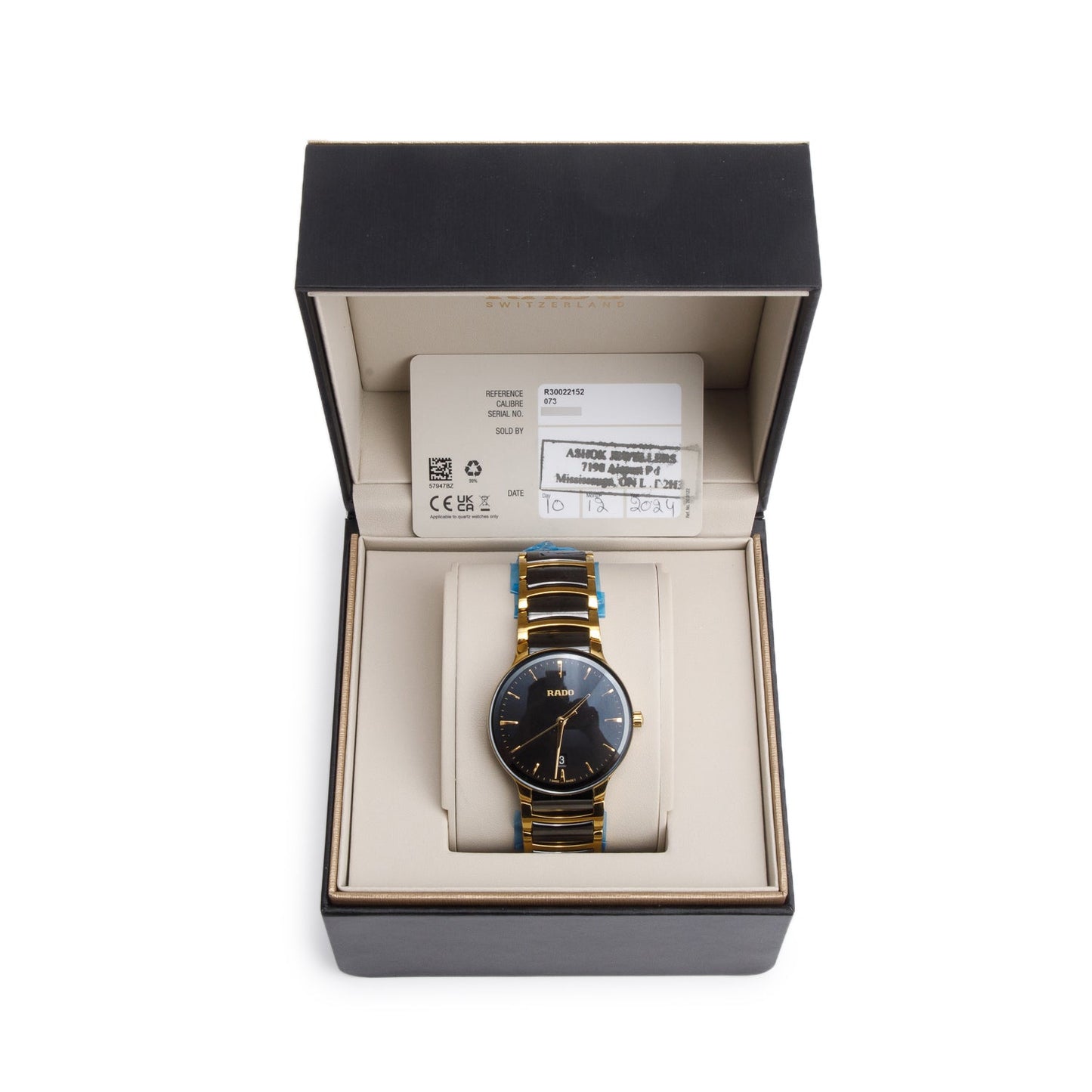 Rado 2024 Gold Plated Stainless Steel & Black Ceramic Centrix 39.5 MM Quartz Watch, Black Dial w/ Box & Papers