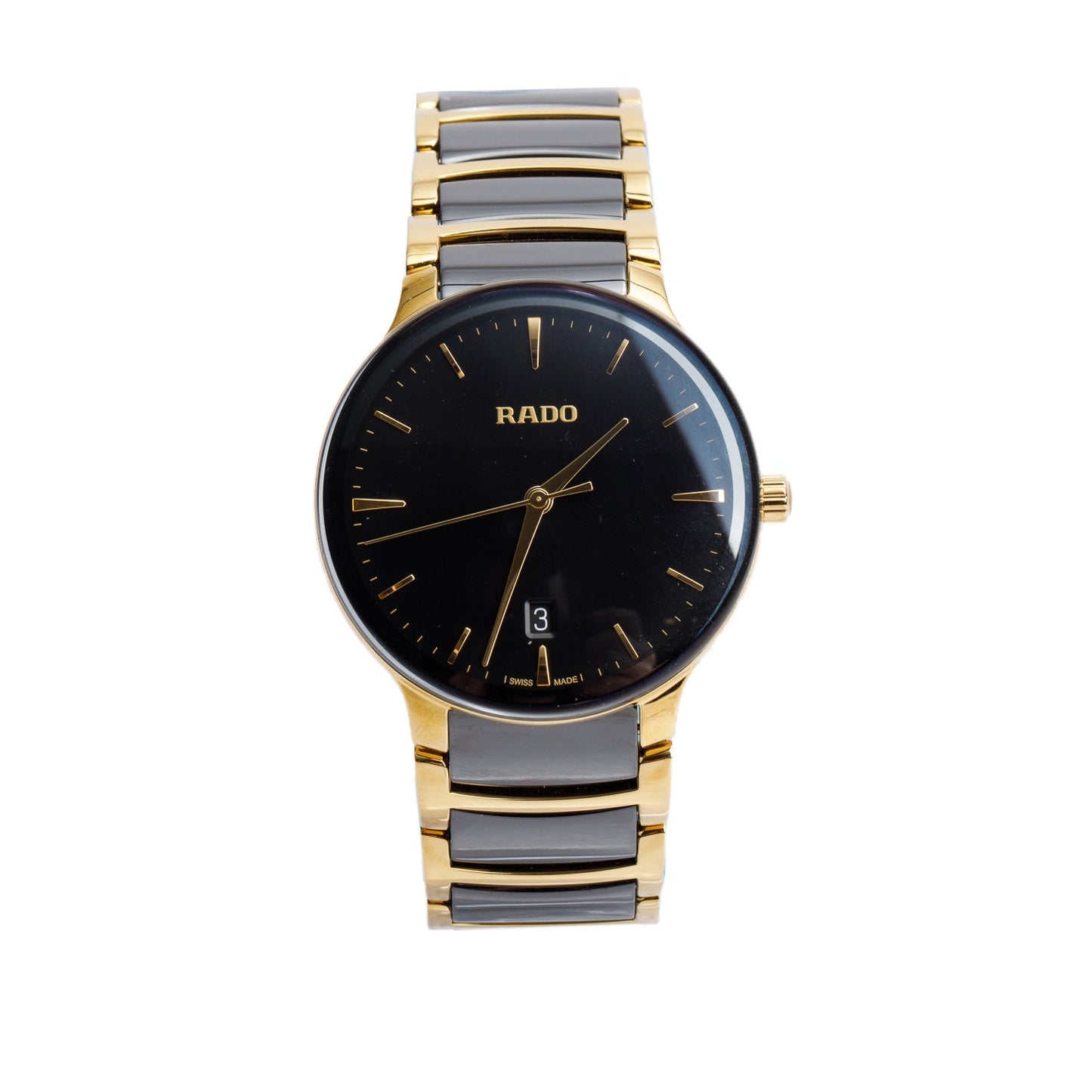 Rado 2024 Gold Plated Stainless Steel & Black Ceramic Centrix 39.5 MM Quartz Watch, Black Dial w/ Box & Papers