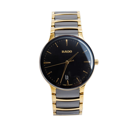 Rado 2024 Gold Plated Stainless Steel & Black Ceramic Centrix 39.5 MM Quartz Watch, Black Dial w/ Box & Papers