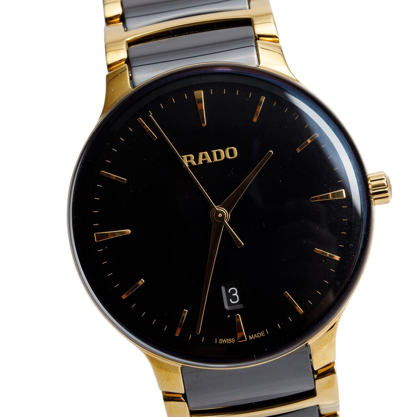 Rado 2024 Gold Plated Stainless Steel & Black Ceramic Centrix 39.5 MM Quartz Watch, Black Dial w/ Box & Papers