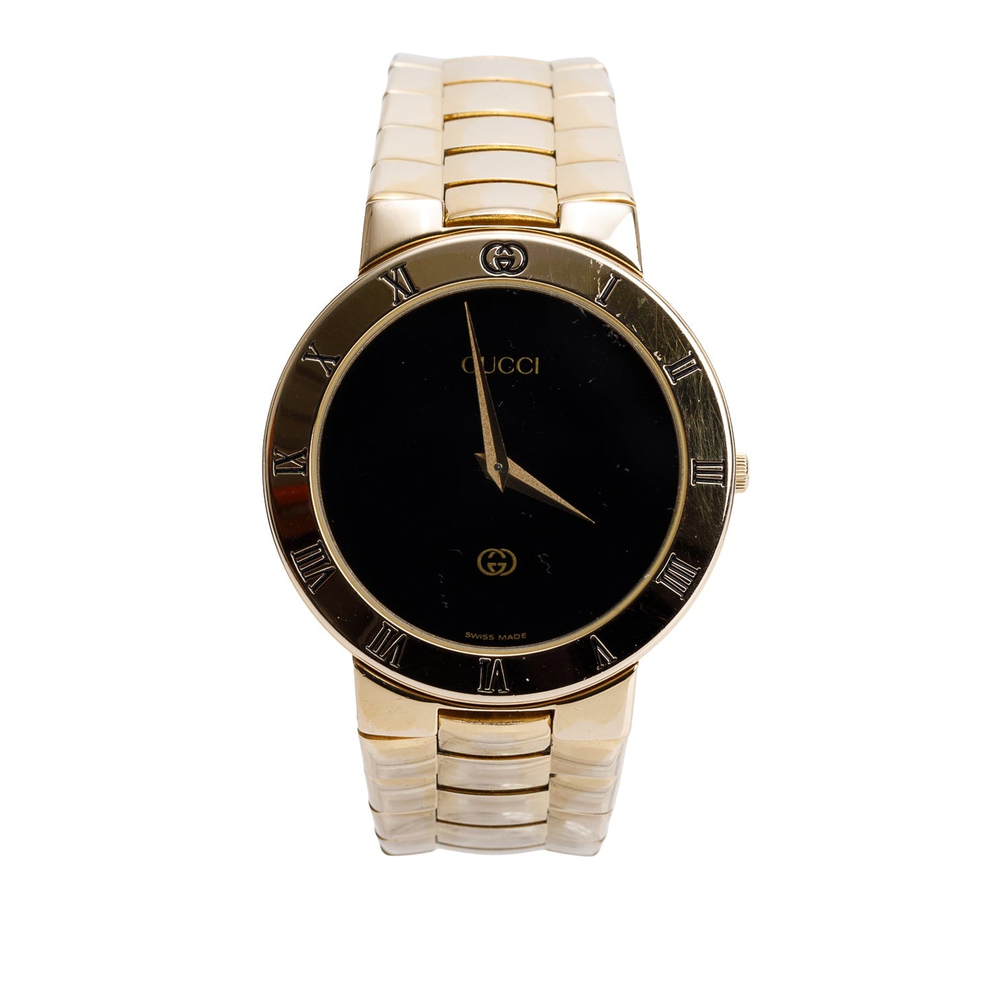 Gucci Gold Plated Stainless Steel 3300 Series 33 MM Watch Black Dial
