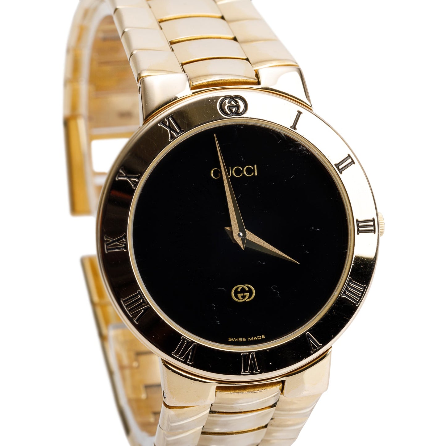 Gucci Gold Plated Stainless Steel 3300 Series 33 MM Watch Black Dial