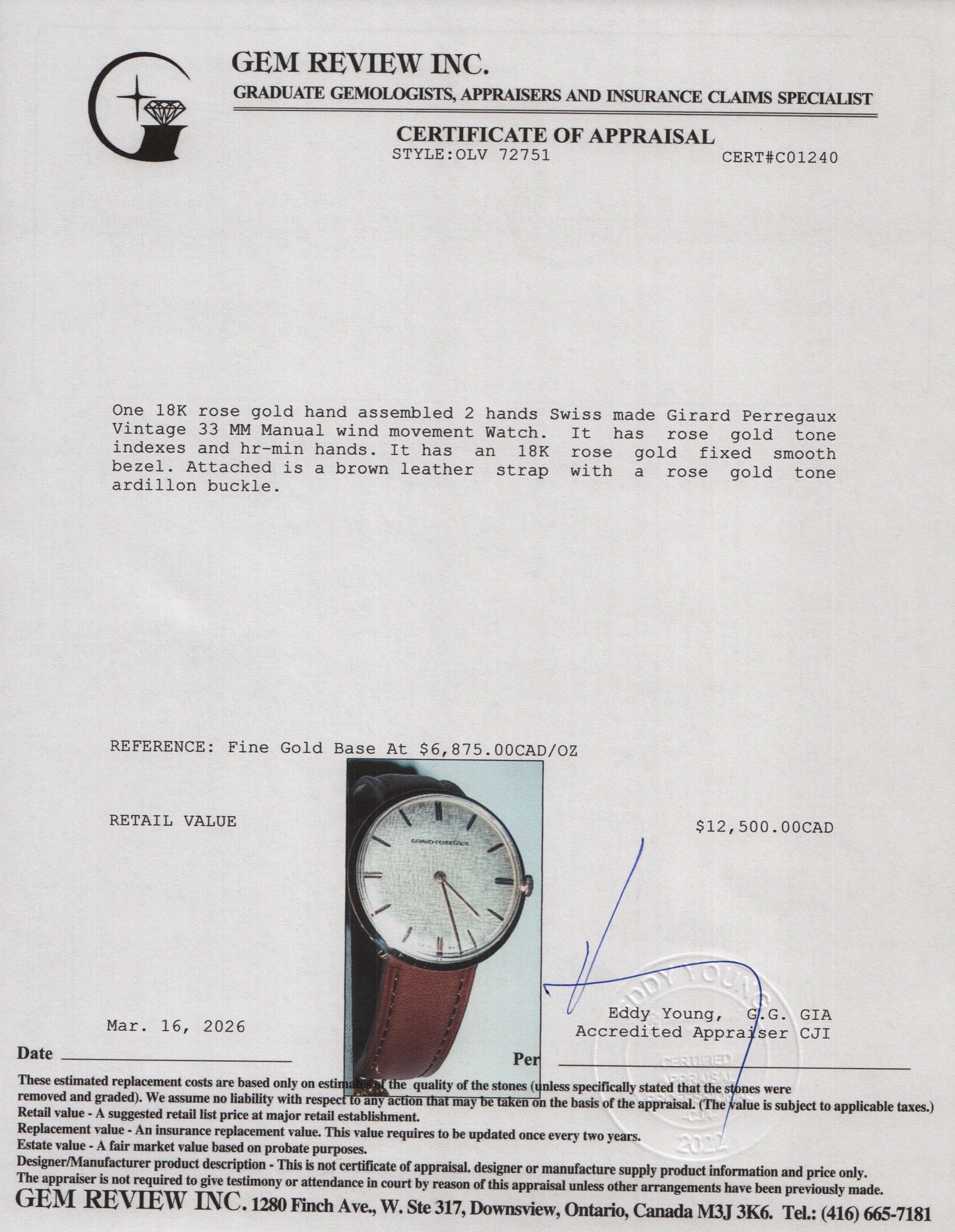 Girard Perregaux Vintage 18k Rose Gold 33 MM Manual Watch