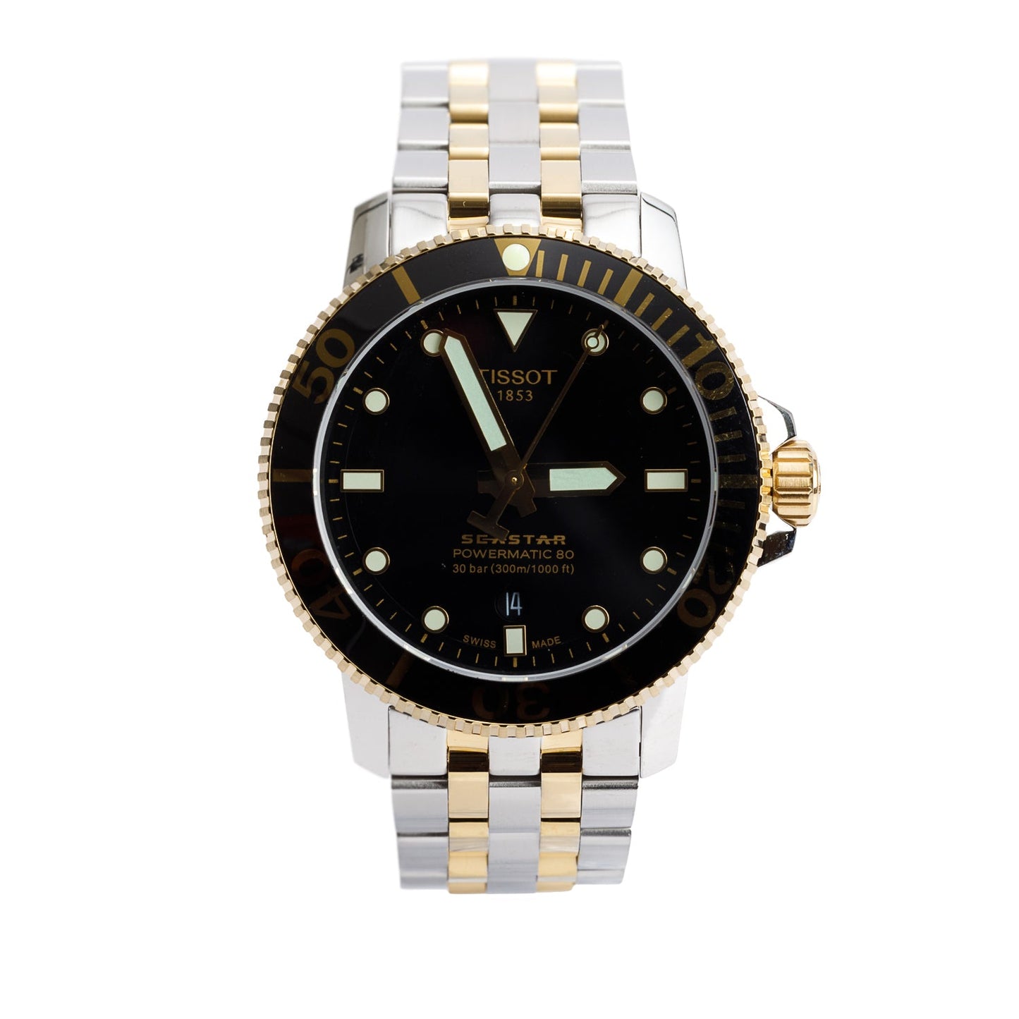 Tissot Stainless Steel & Gold Plated Seastar 1000 40 MM Automatic Watch Black Dial w/ Box