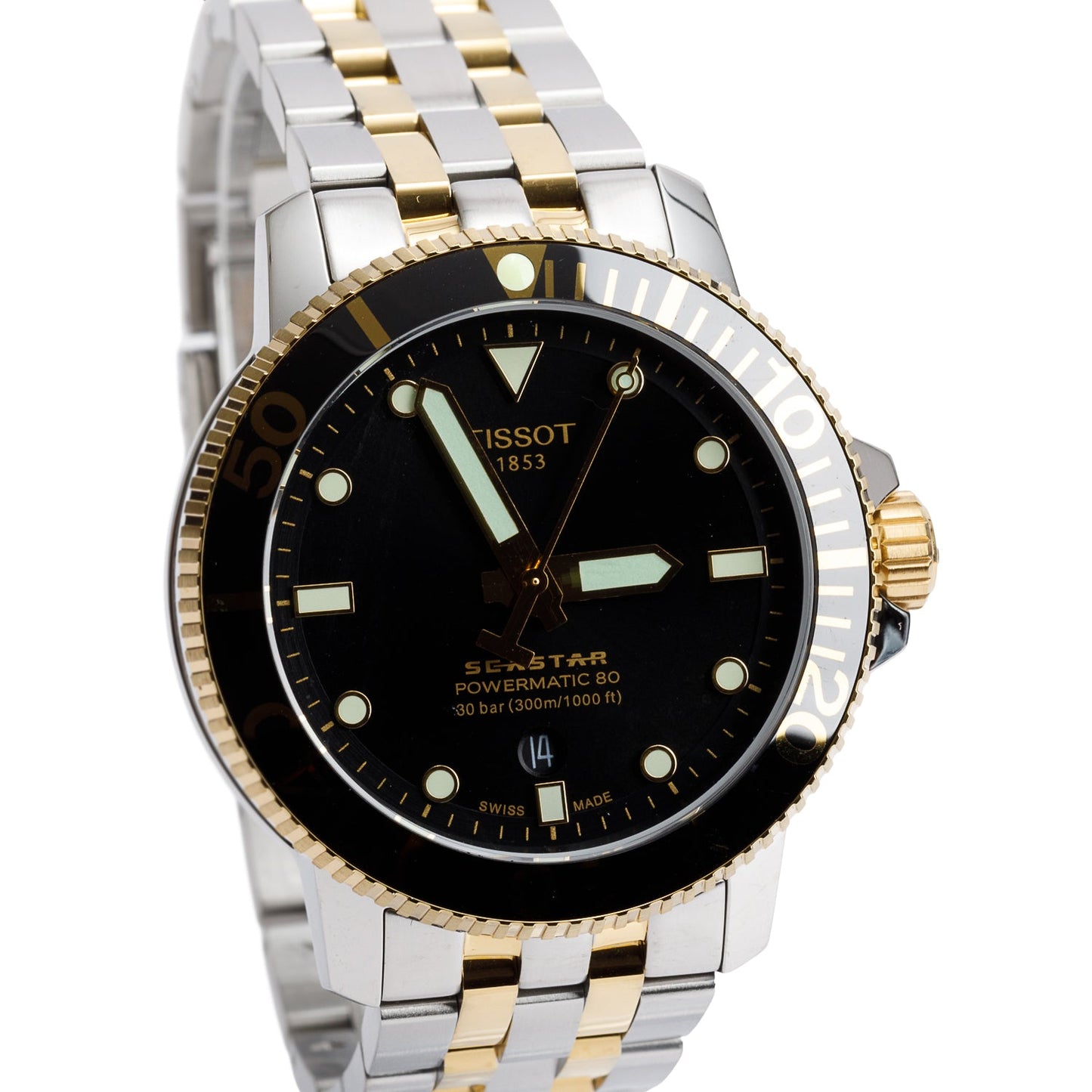 Tissot Stainless Steel & Gold Plated Seastar 1000 40 MM Automatic Watch Black Dial w/ Box