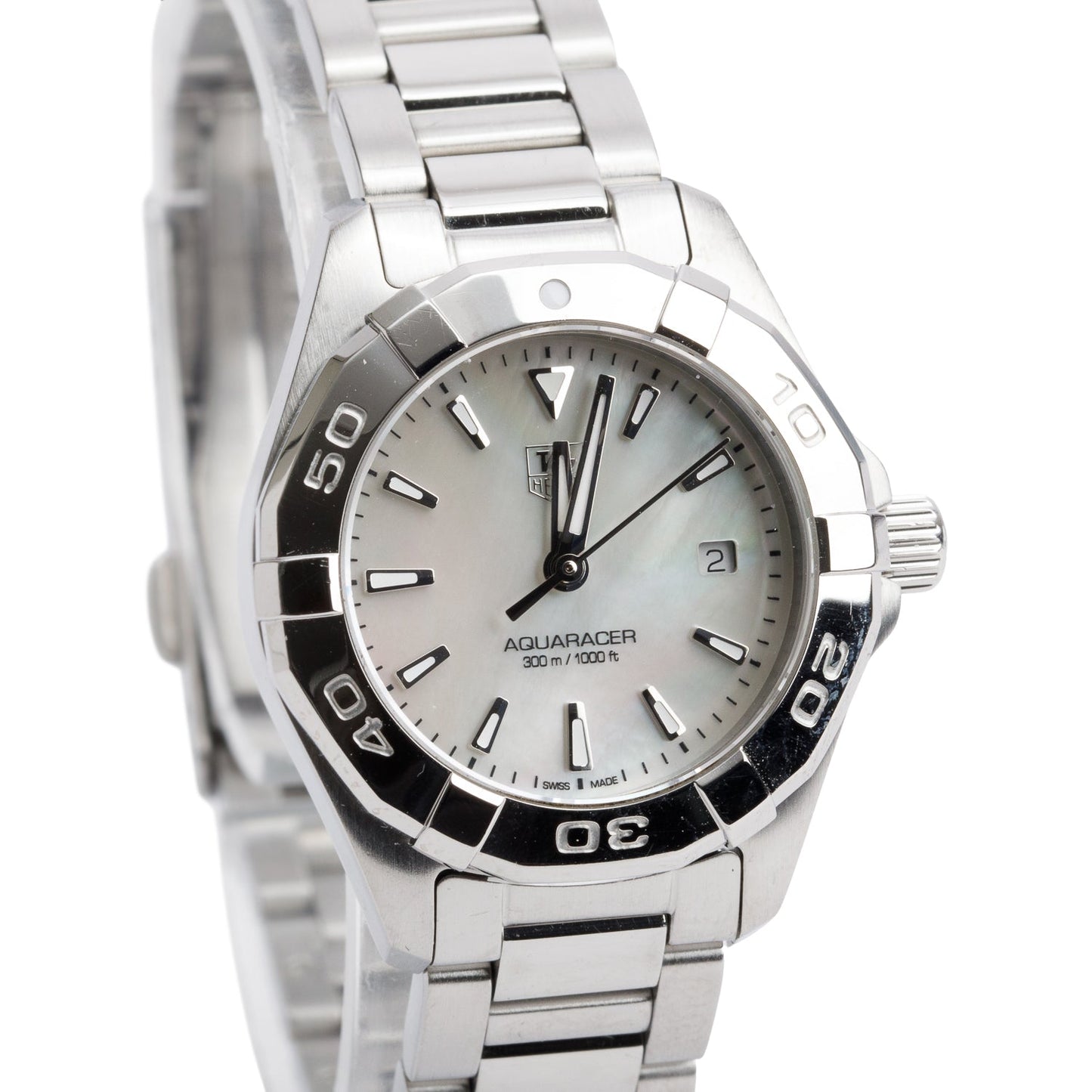 Tag Heuer Stainless Steel Aquaracer 27 MM Quartz Watch Mother of Pearl Dial WAY1412 w/ Box