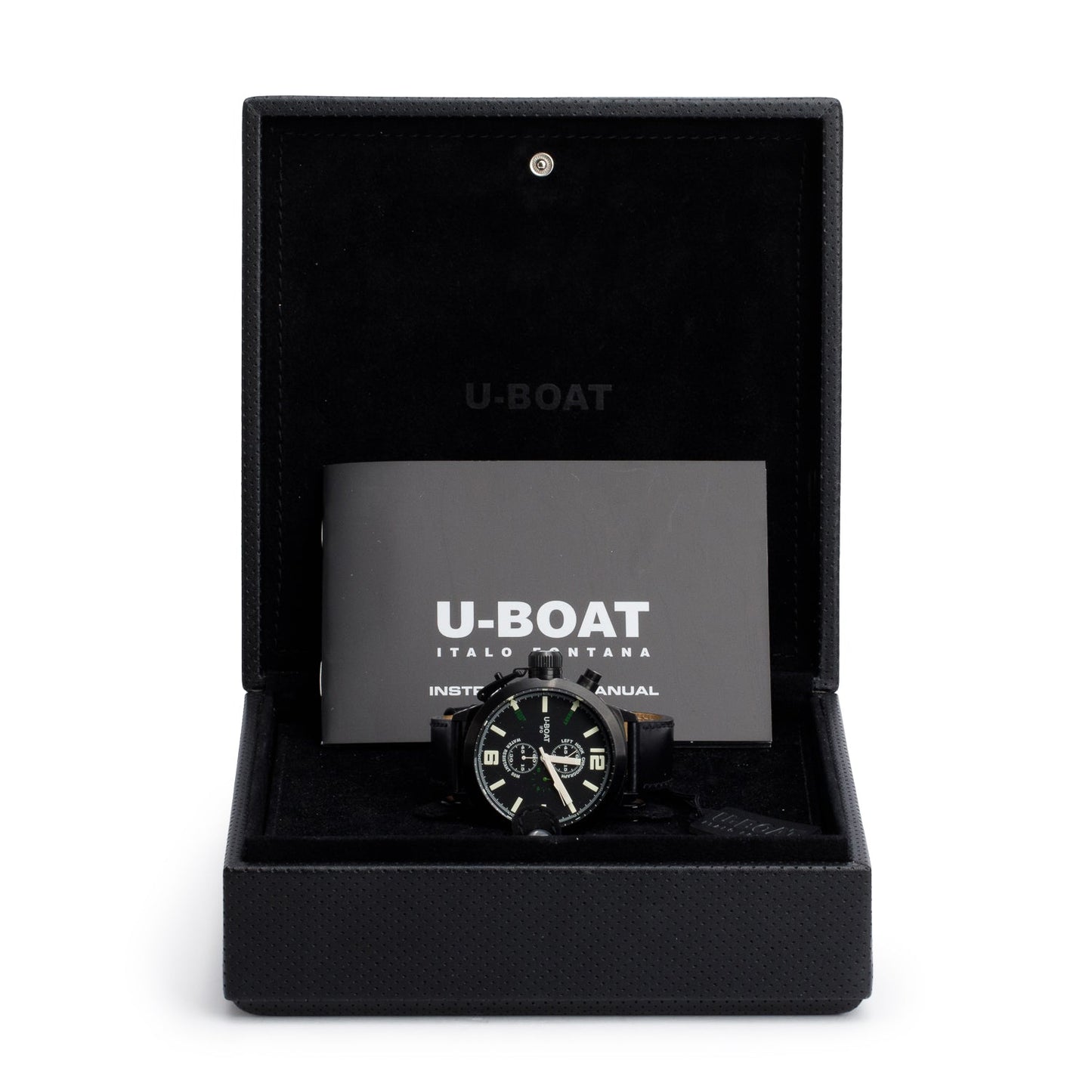 U-Boat Limited Edition Black PVD Stainless Steel Left Hook 53 MM Chronograph Quartz Watch Black Dial B53-08 w/ Box